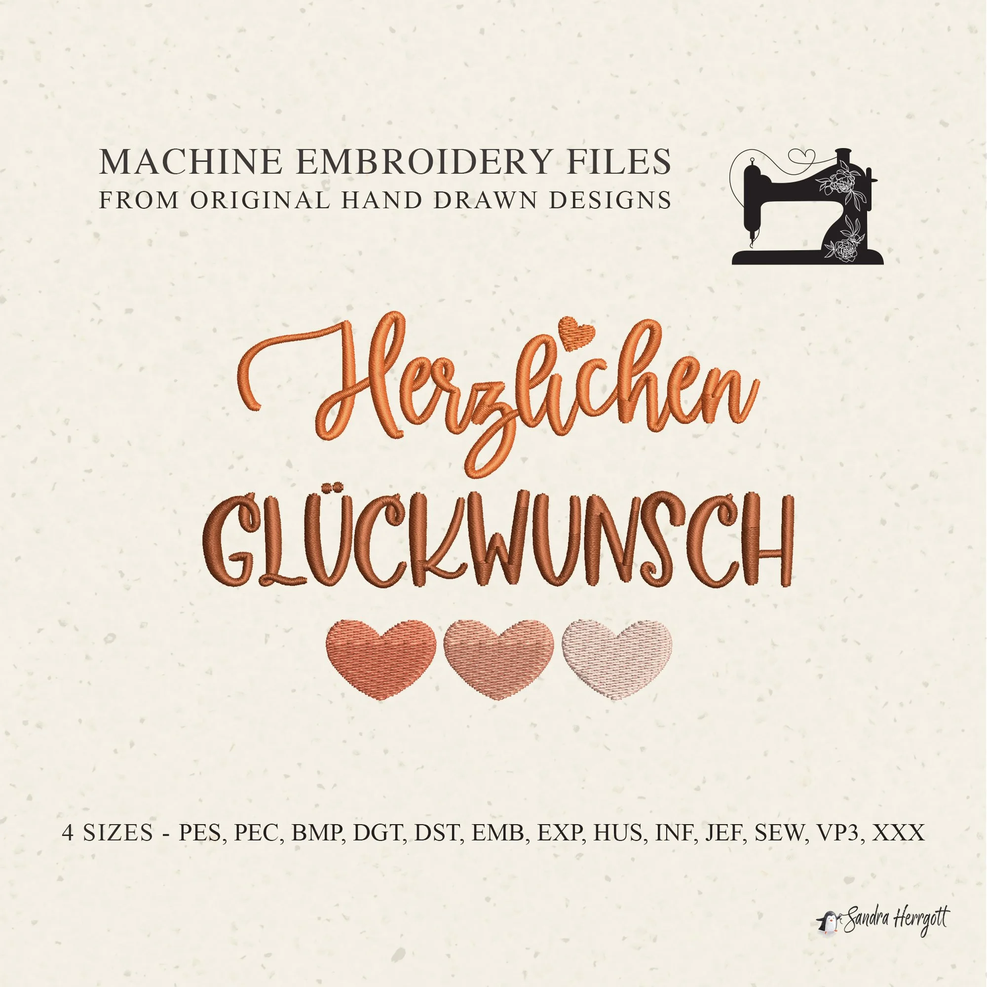 GERMAN Congratulations heart machine embroidery design pattern file