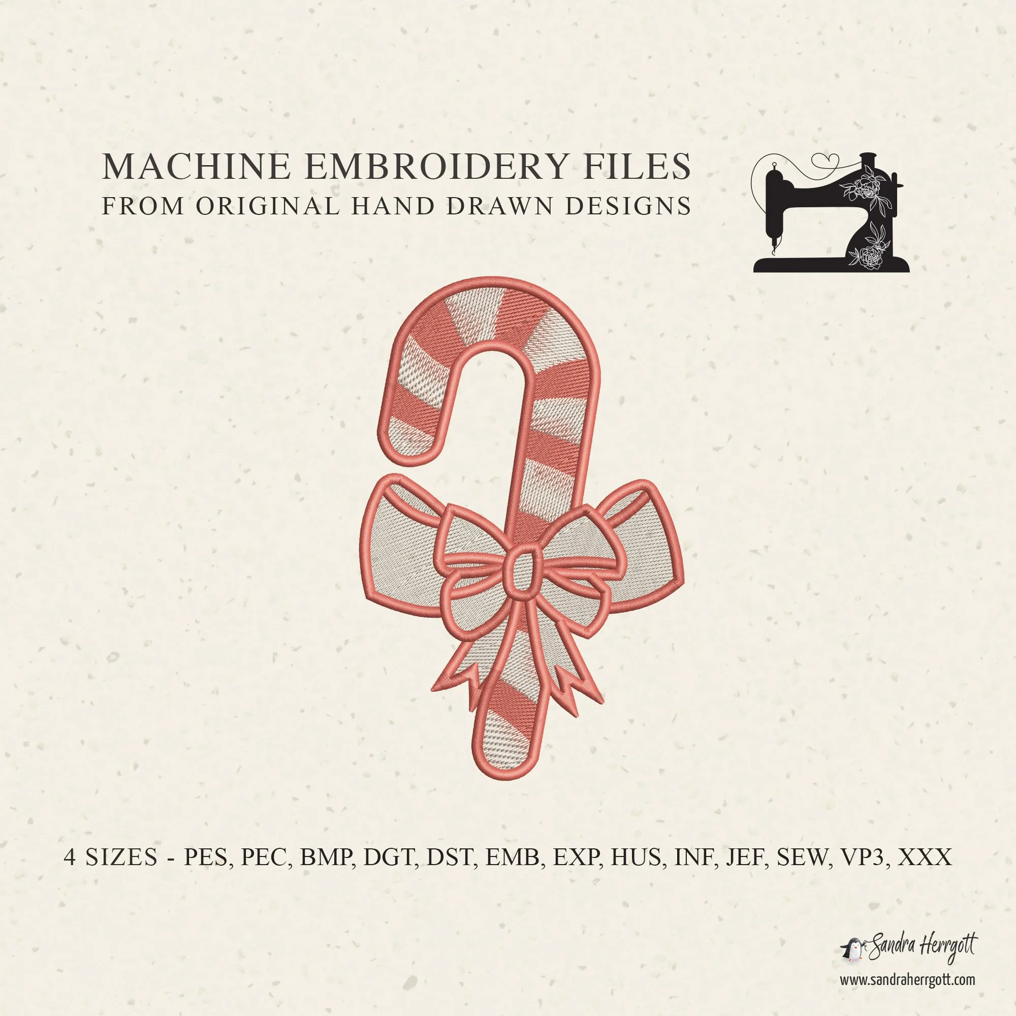 Candy Cane Bow machine embroidery design pattern file