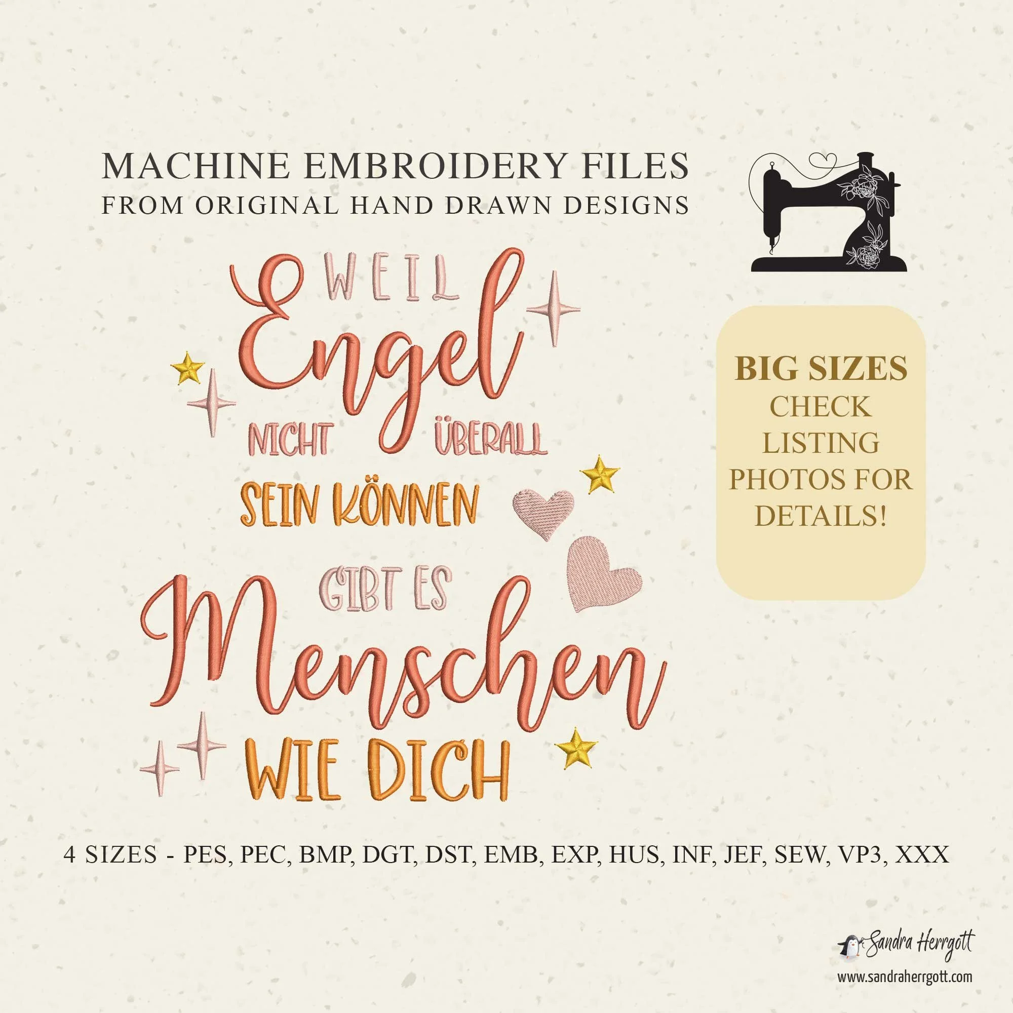 Big Size GERMAN angel quote machine embroidery design pattern file