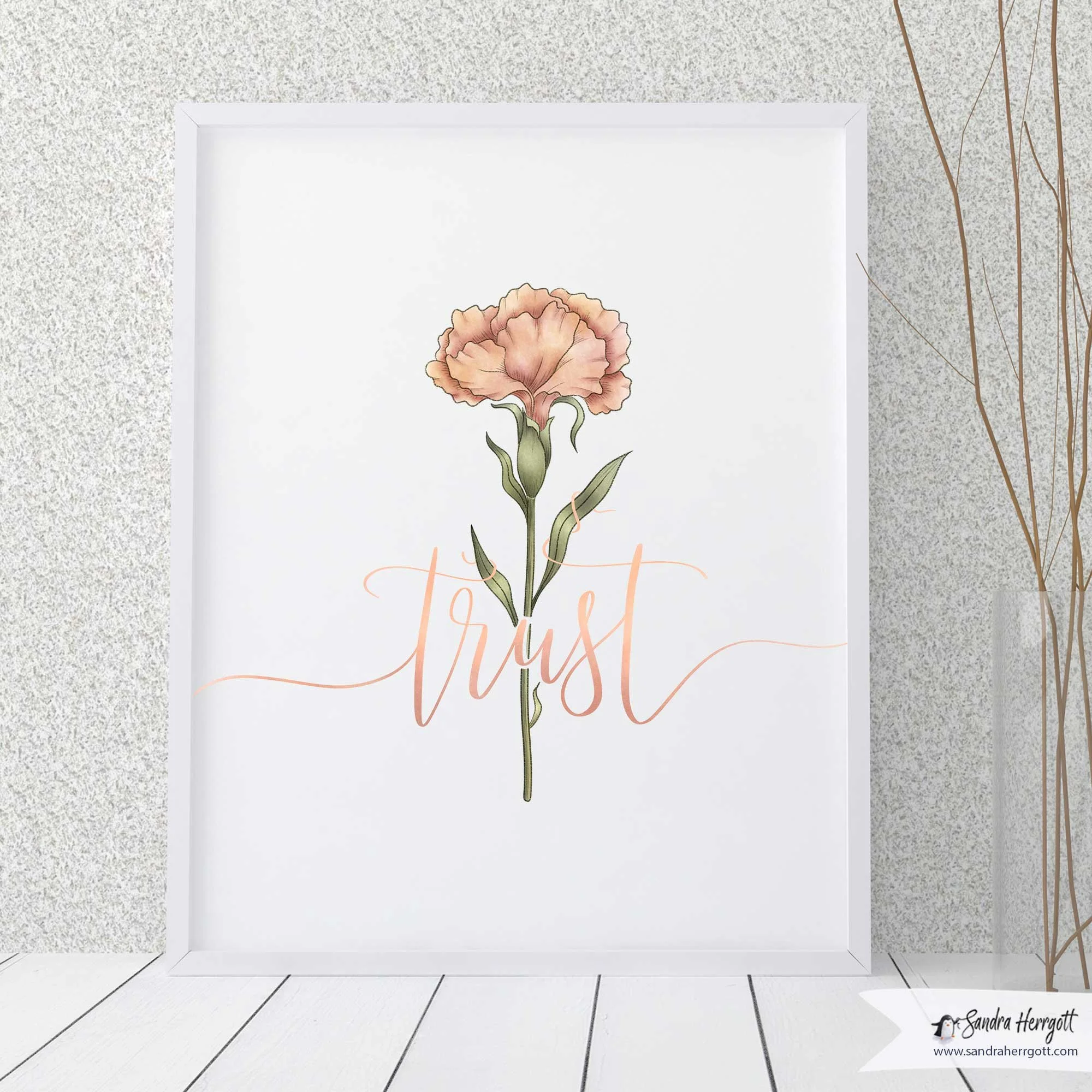 Hand-drawn and hand-lettered Trust Carnation Flower Digital Print in 3 sizes