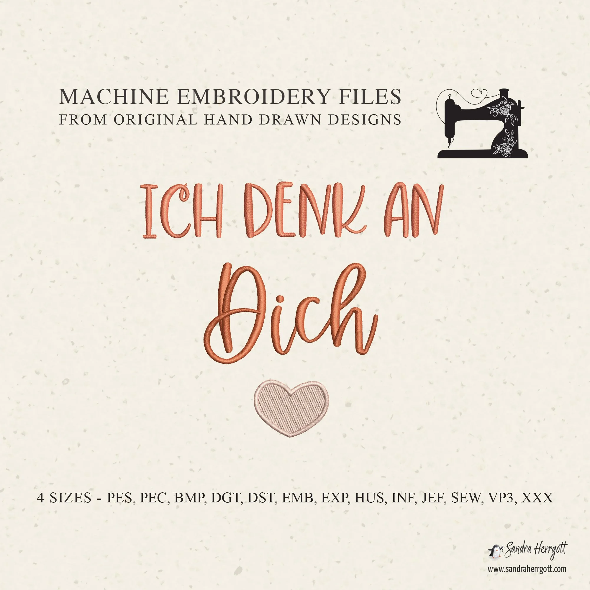 GERMAN I think of you heart machine embroidery design pattern file