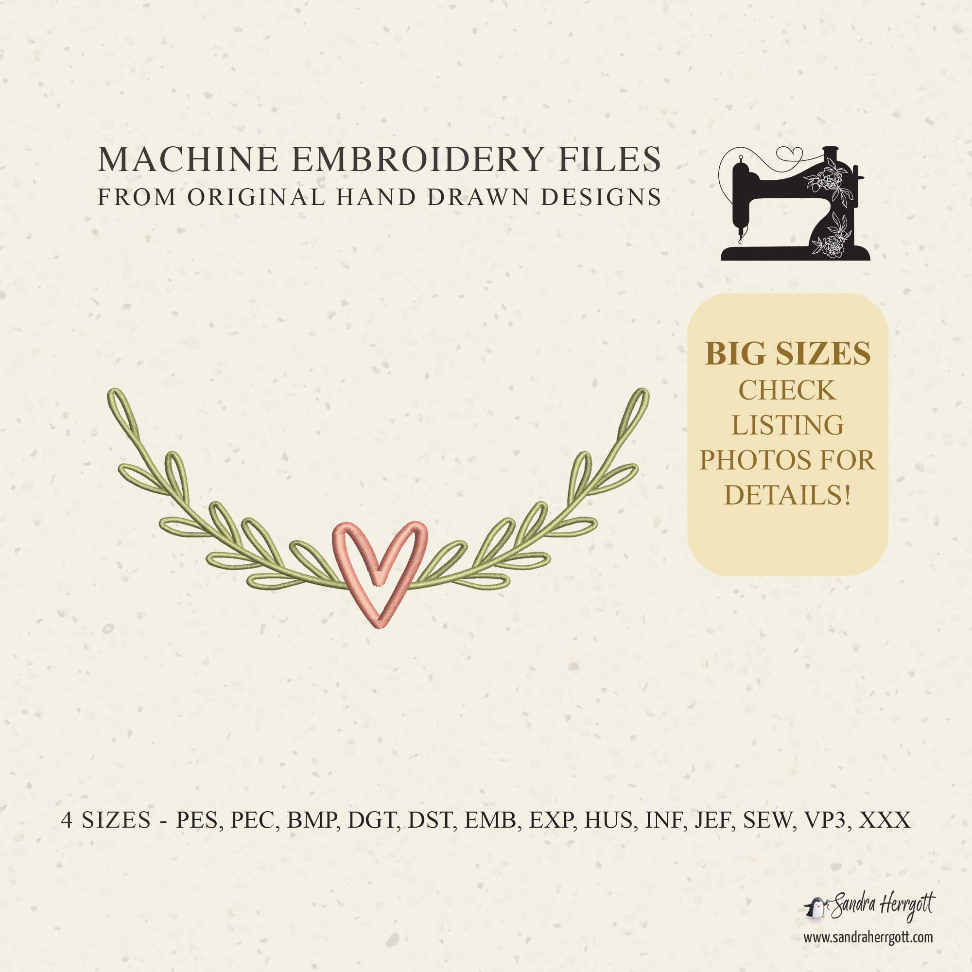 Big Size Half Heart Wreath full stitch machine embroidery design pattern file