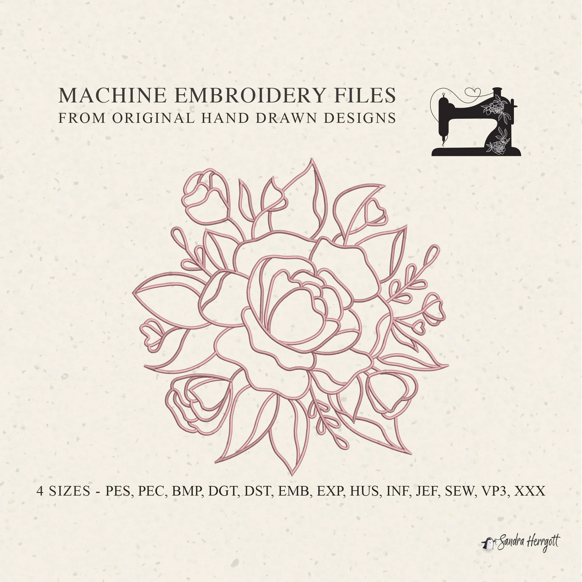 Peony Flower Outline machine embroidery design pattern file