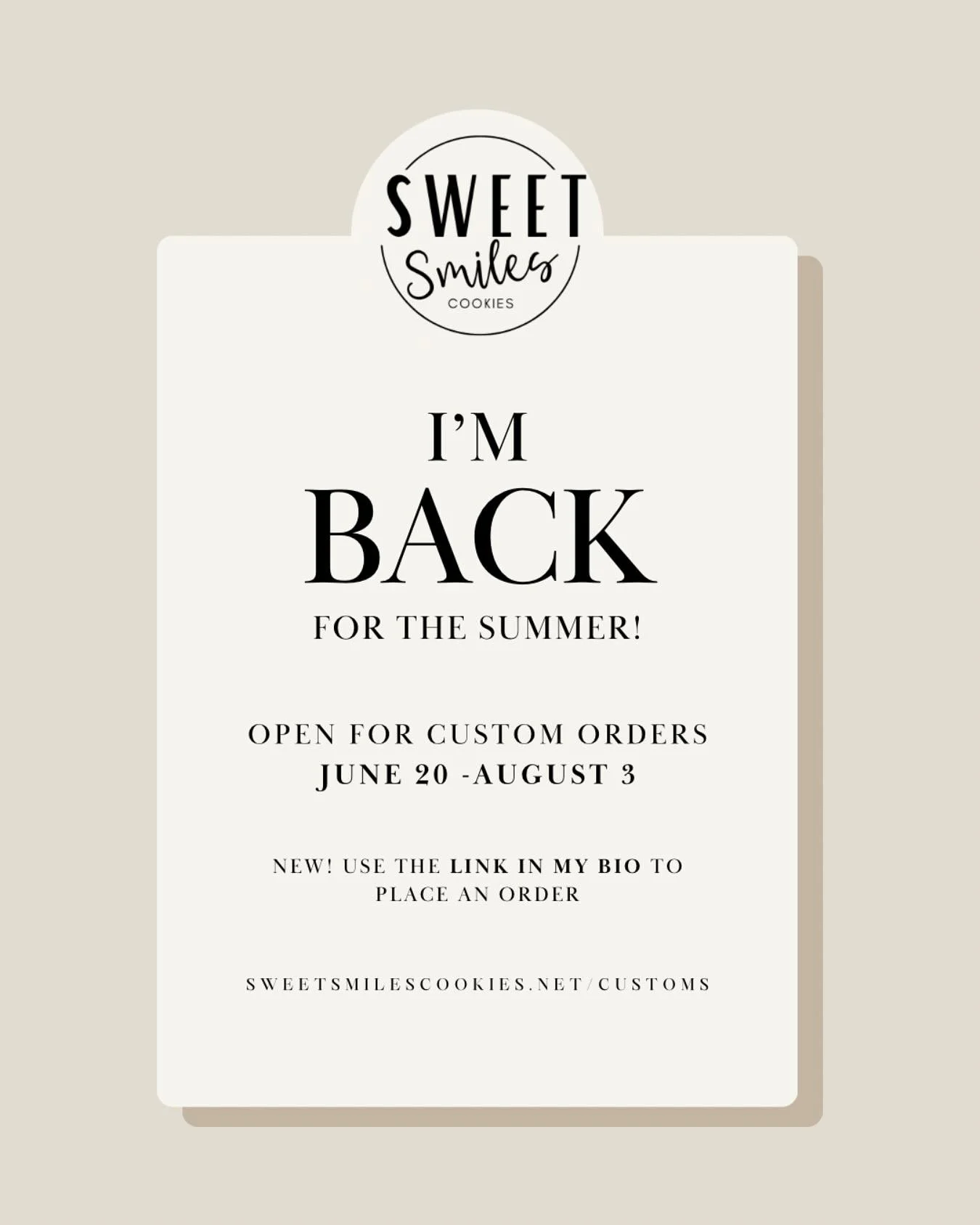 ✨I&rsquo;ve missed you!✨

My calendar is now OPEN for custom orders from June 20- August 3! Use my NEW custom inquiry form on my website to request an order!

I&rsquo;m so happy to be back (even if it&rsquo;s months away!) 🍪