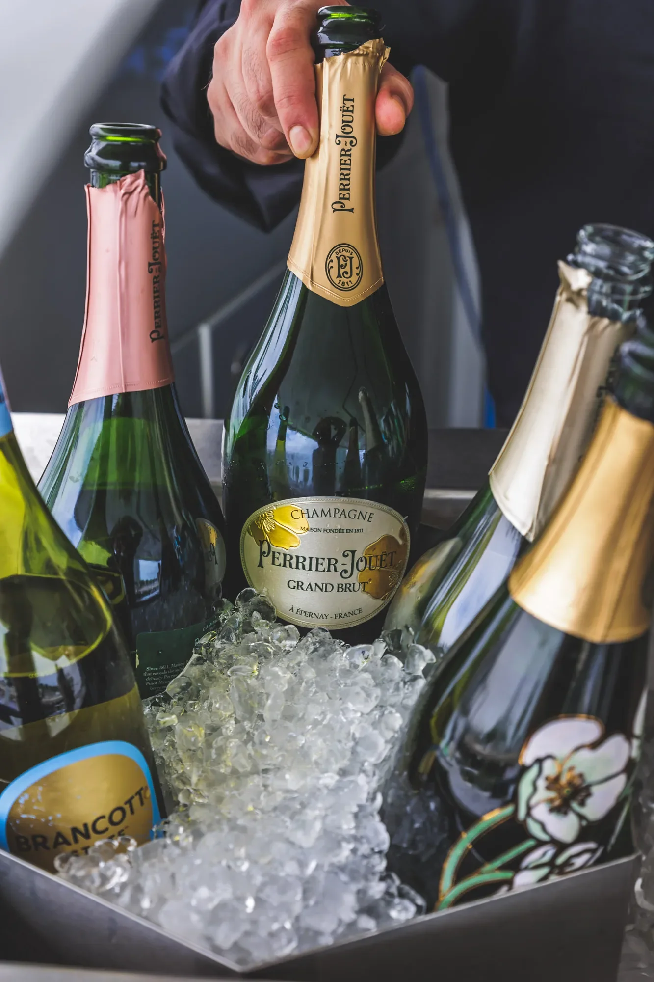 Champagnes and sparkling wines on ice just before serving