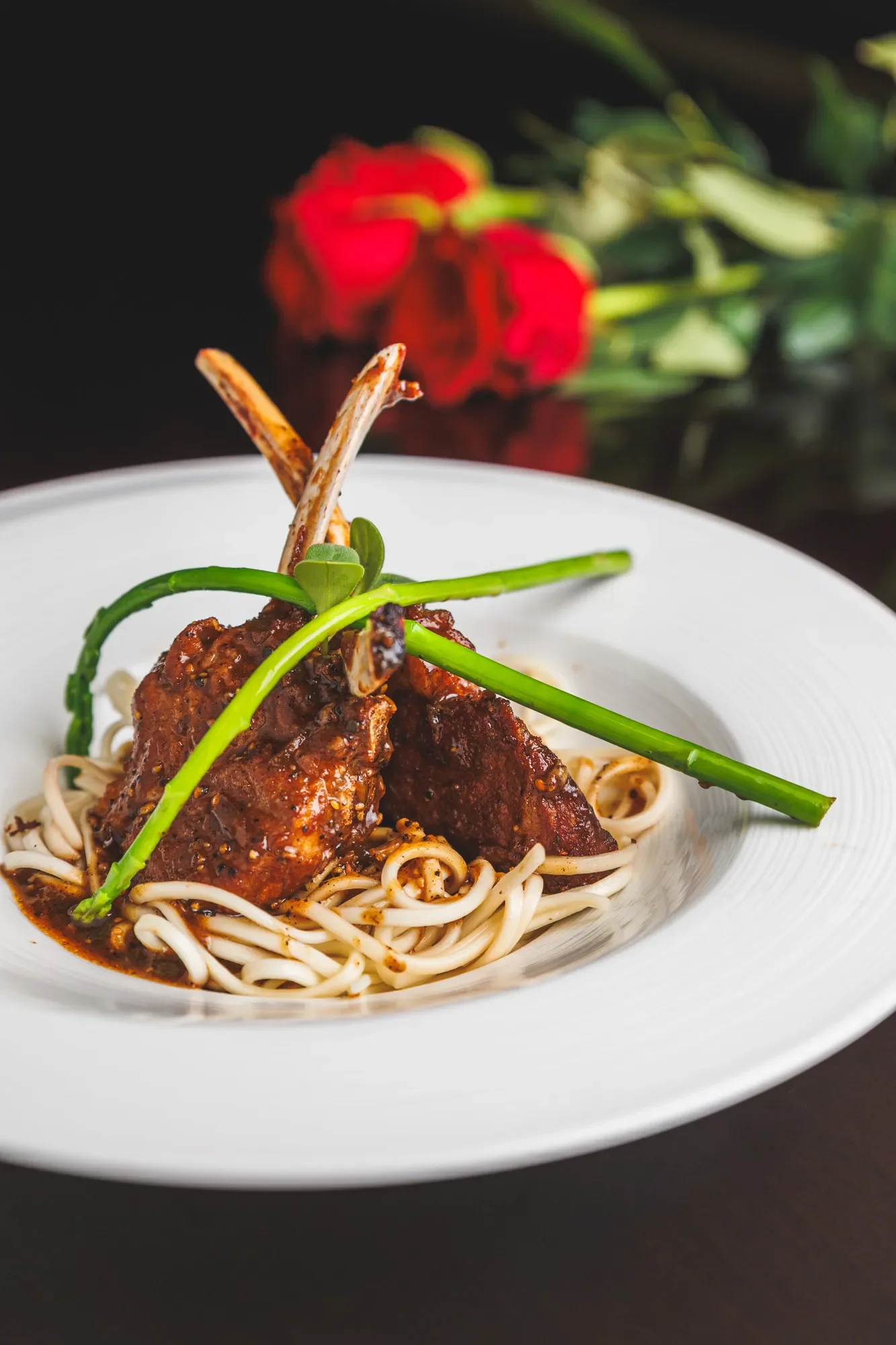 Photoshoot of a noodle dish at a luxury Asian restaurant in Dubai