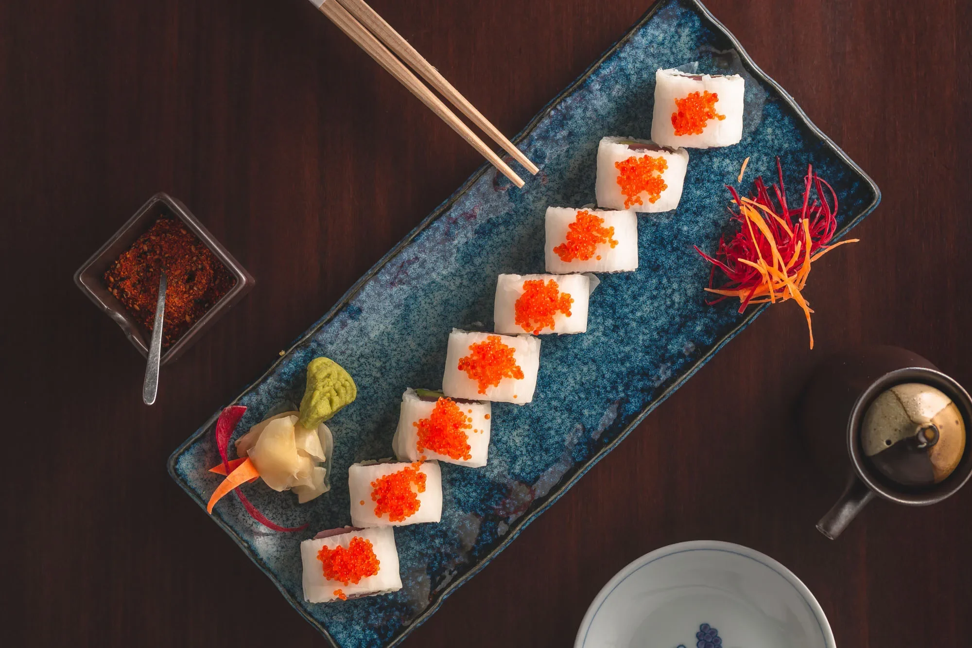 Photoshoot of a maki roll dish at a Japanese restaurant in Abu Dhabi