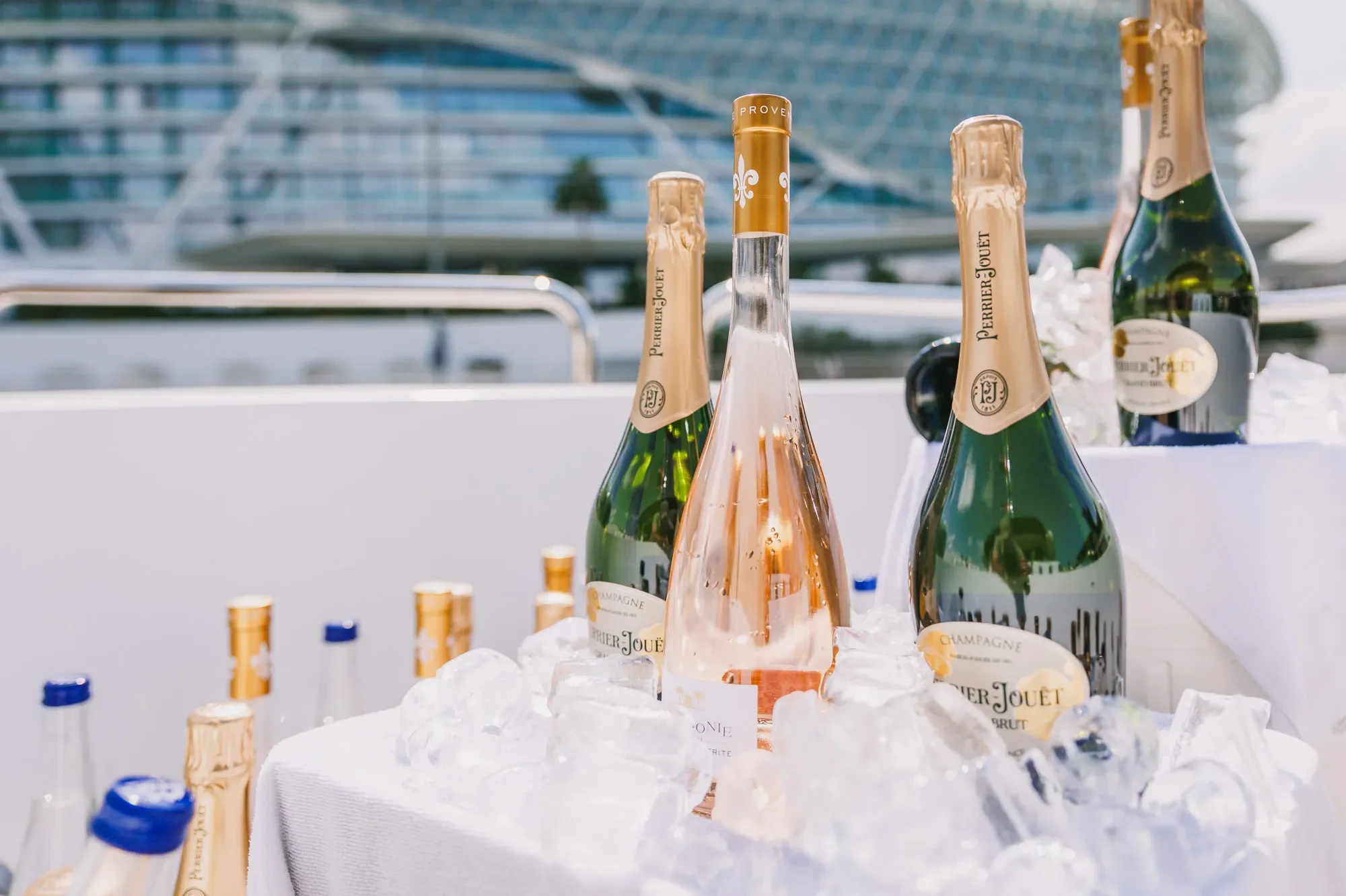 Champagne and sparkling wine bottles on a yacht during the F1 Abu Dhabi Grand Prix