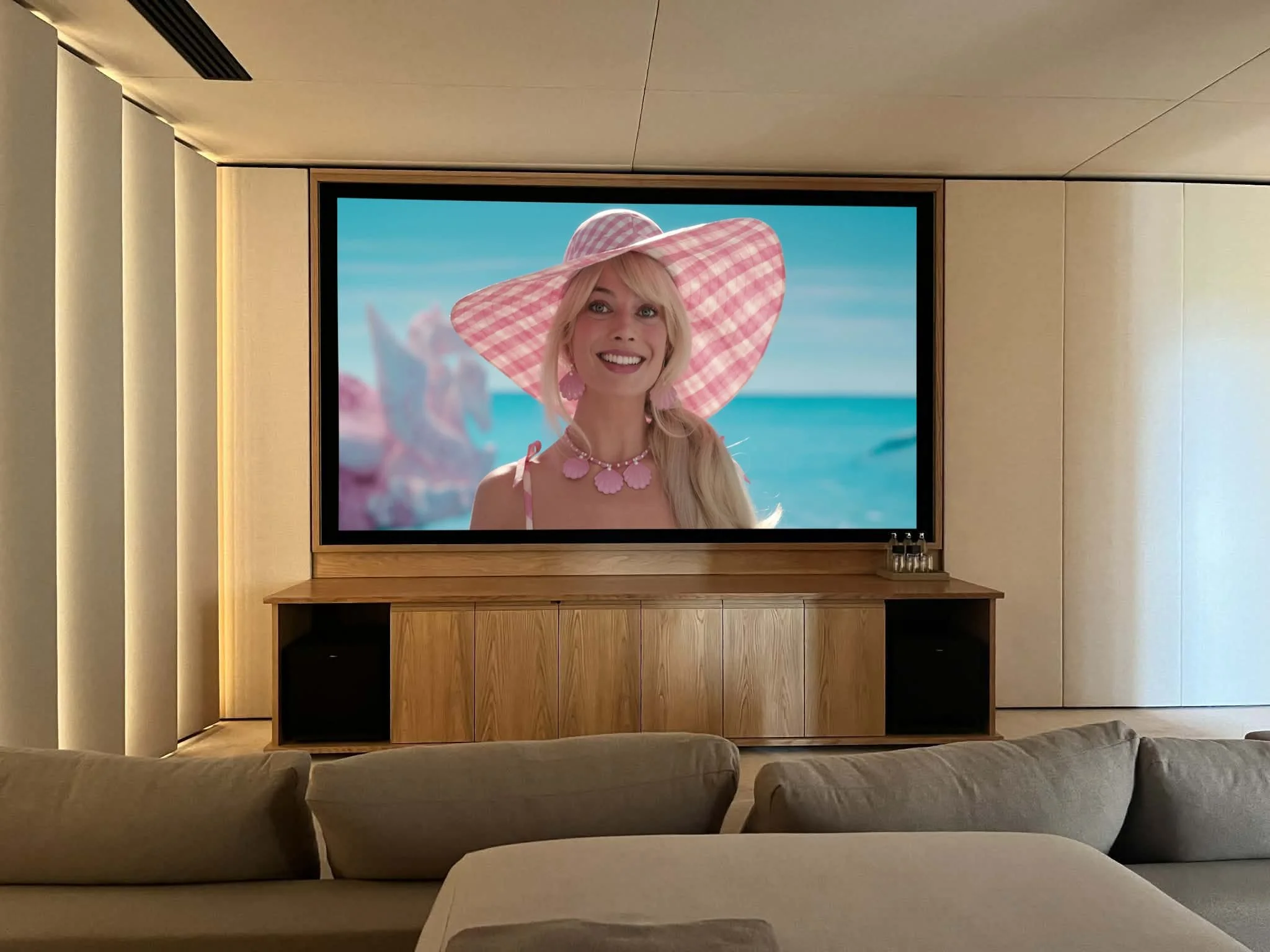 Cinema Room with Cream Fabric Walls