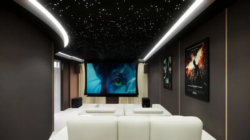 Sketchup Render of a home cinema looking down the room at a drop down cinema screen showing Avatar