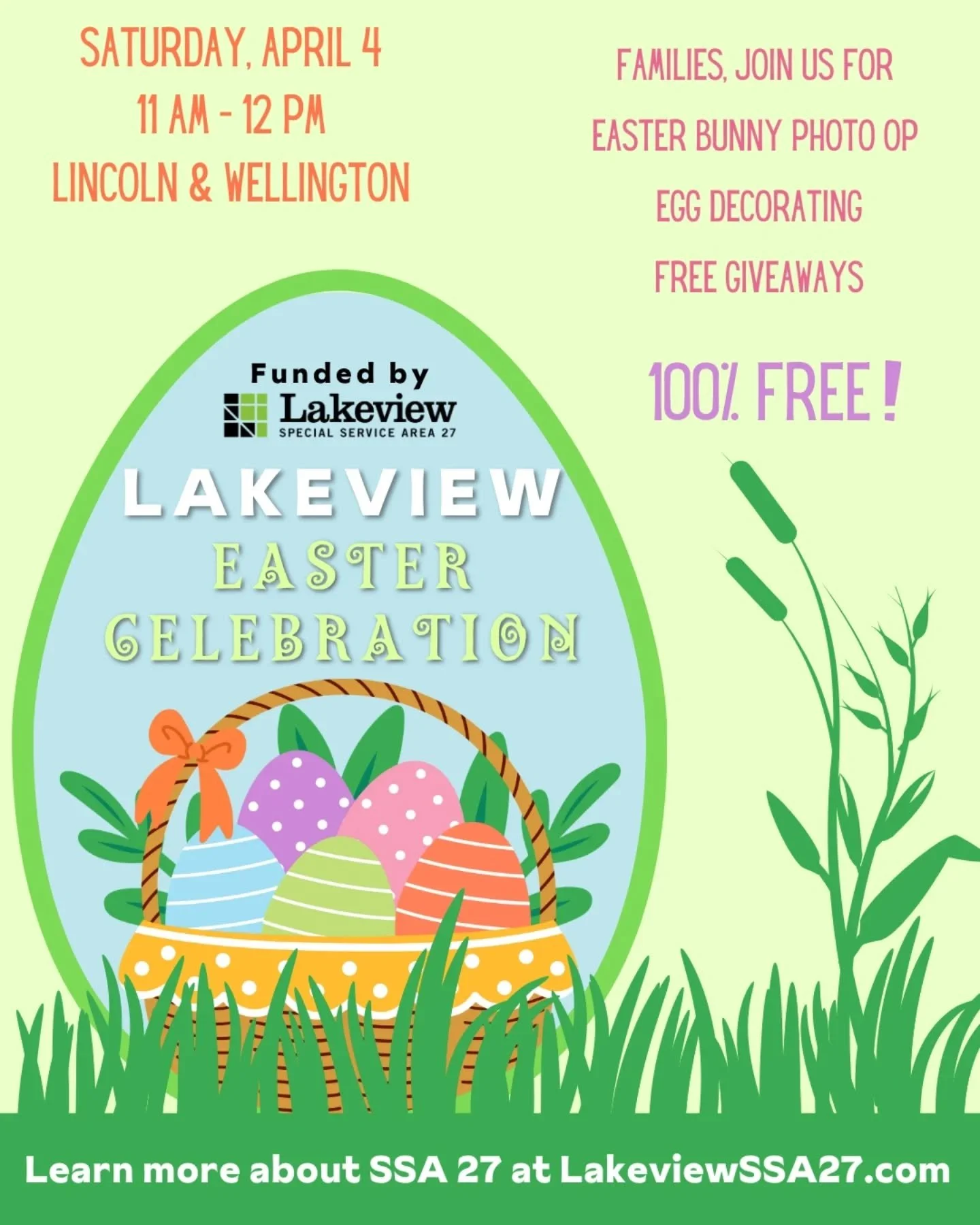 Join us April 4th for our Easter-themed Lakeview Easter Celebration. Perfect for families and small children, located at Lincoln &amp; Wellington. Enjoy a 100% free Easter Bunny photo opportunity, giveaways, and Easter Activities.