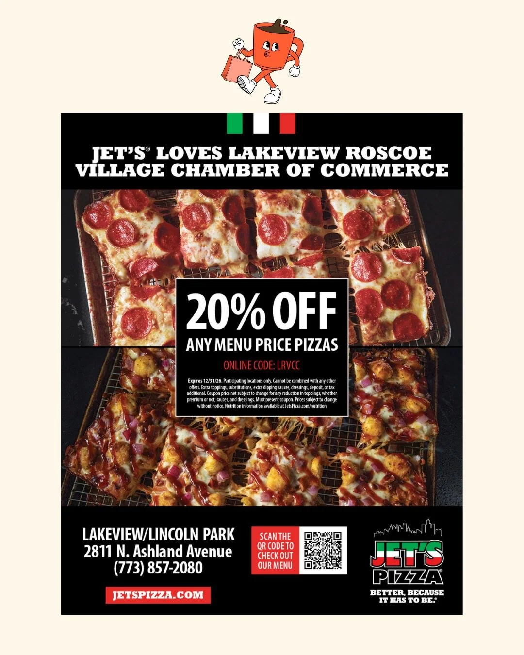 Thank you @jetspizza for generously sponsoring the Lakeview Coffee Stroll! Claim your discount on the Jet's Pizza menu, and come out to the Coffee Stroll this Sunday and try some Jet's Pizza samples.