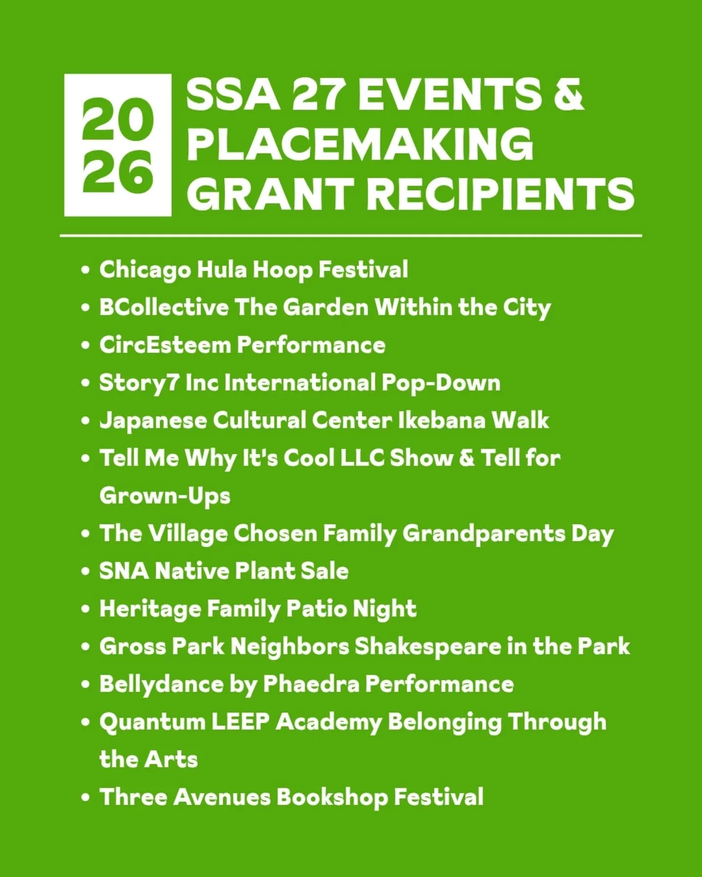 Congrats to all of the 2026 SSA 27 Events &amp; Placemaking Grant Recipients! Swipe for details about some of the upcoming events and follow along for more details throughout the rest of the year.

@_bcollective 
@circesteem 
@story7inc 
@tellmewhyit