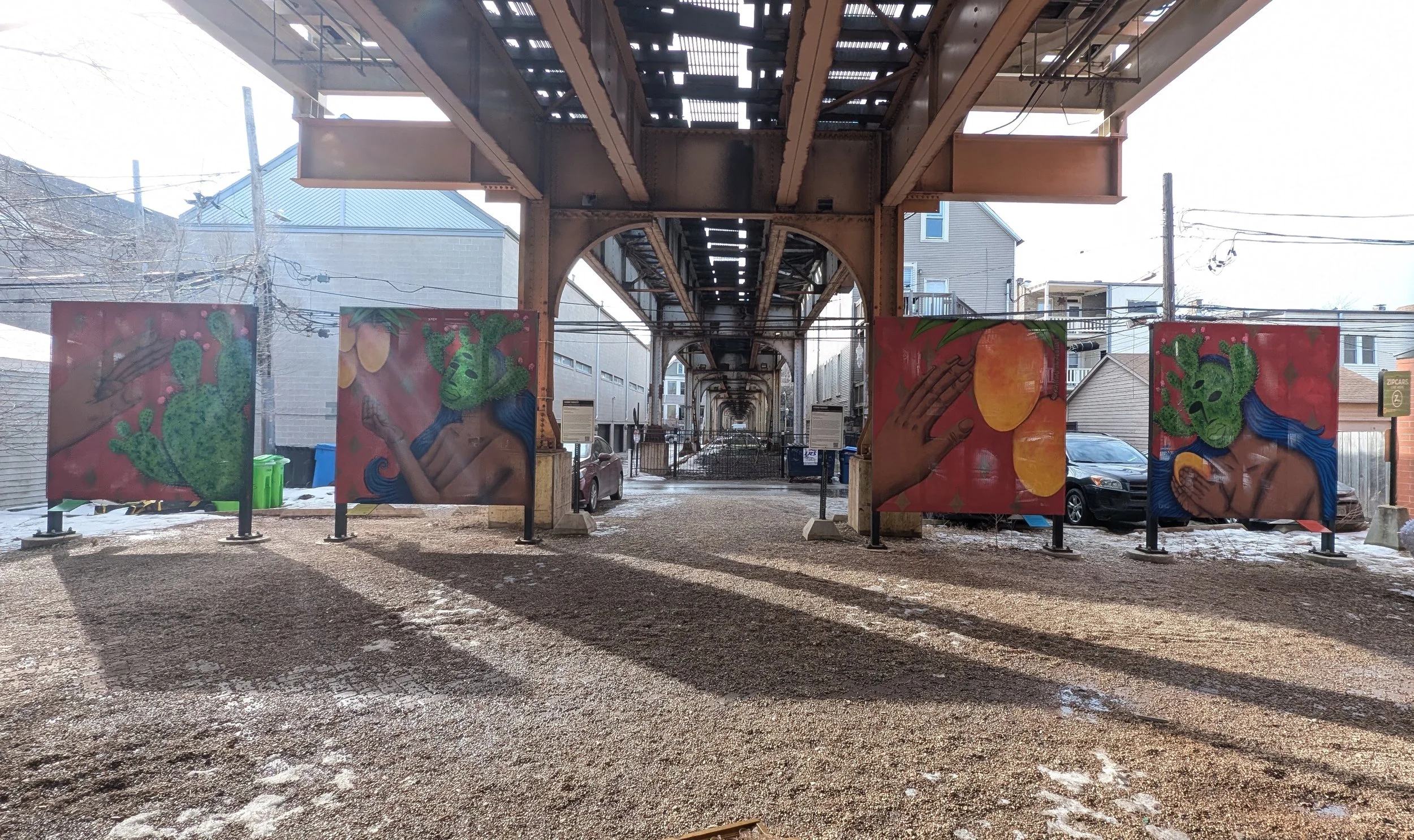 Cosmic Harvest, Natalia Virafuentes (2025): 3410 N Southport | This series explores the poetry of life and the cosmic energy we carry. It features a being wearing a cactus mask, symbolizing a deep connection to nature and the universe. Reaching for m