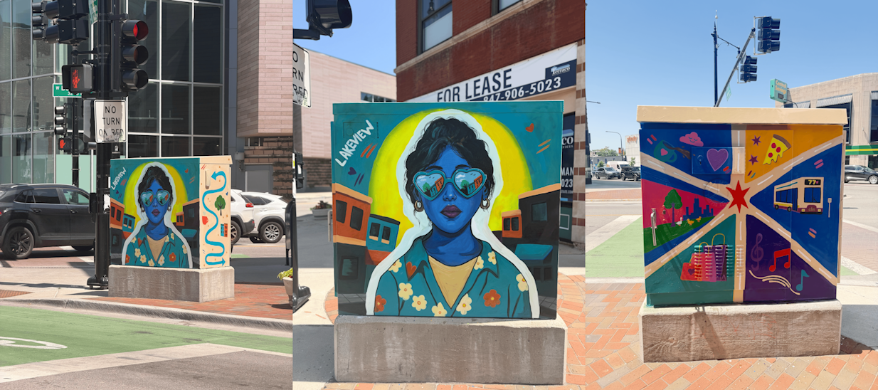 Lakeview Utility Box, Gabi Bozeman (2026): 3175 N Lincoln | This piece is one part of a Utility Box Mural project by artist Gabi Bozeman, who aims to unify Chicago's various community areas through art. Her goal is to paint a mural reflecting the ide