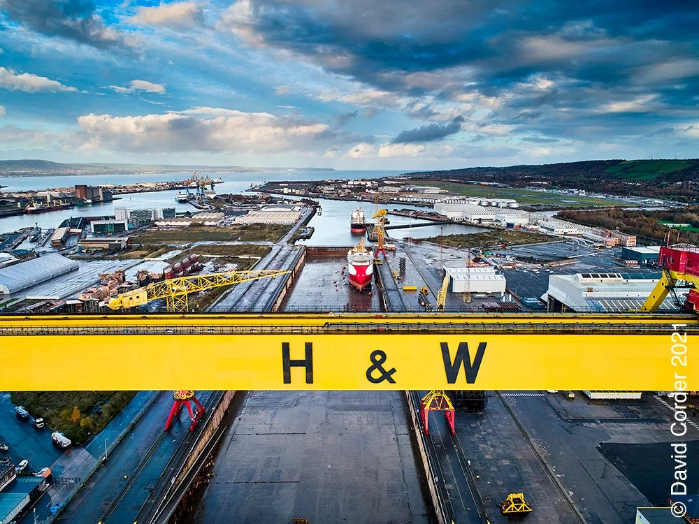 Aerial view of Harland & Wolff shipyard and Samson crane, captured by professional drone pilot David Cordne