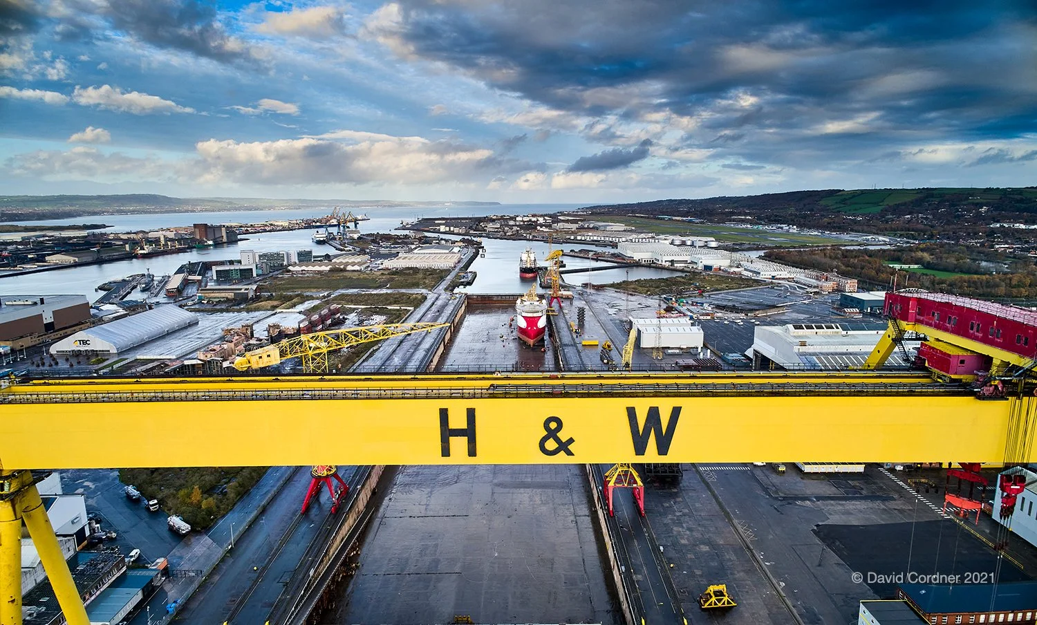 Aerial drone photograph of ships in Harland & Wolff shipyard, Belfast, taken by David Cordner