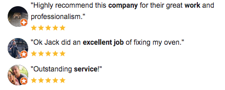Screenshots of customer reviews praising a company's work, highlighting an excellent job fixing an oven and outstanding service, with five-star ratings.