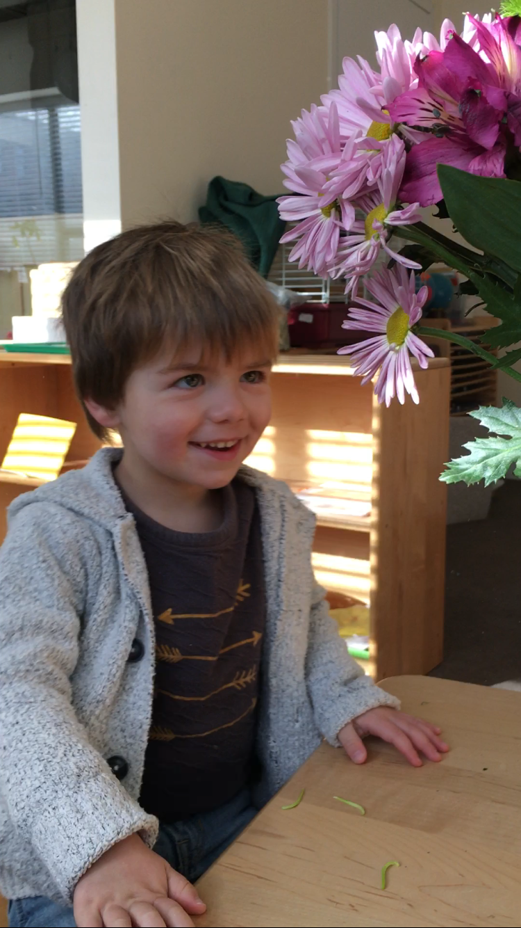 A child admires the bouquet he has arranged on the Practical Life shelf.