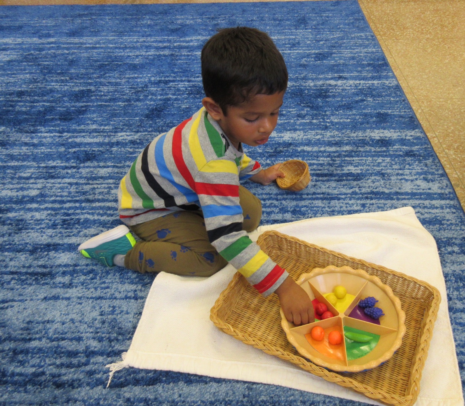 Sorting small fruit-shaped objects by color helps to reinforce visual discrimination skills.
