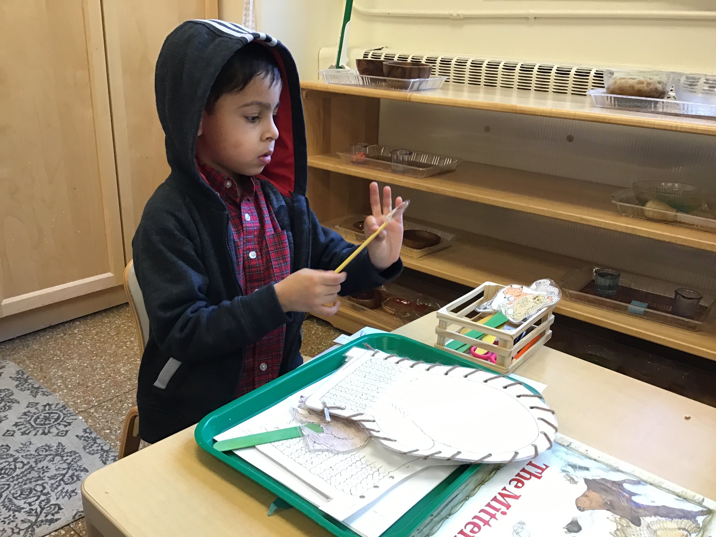 Using the story The Mitten to sequence- placing the animals in the mitten in the same order as in the story