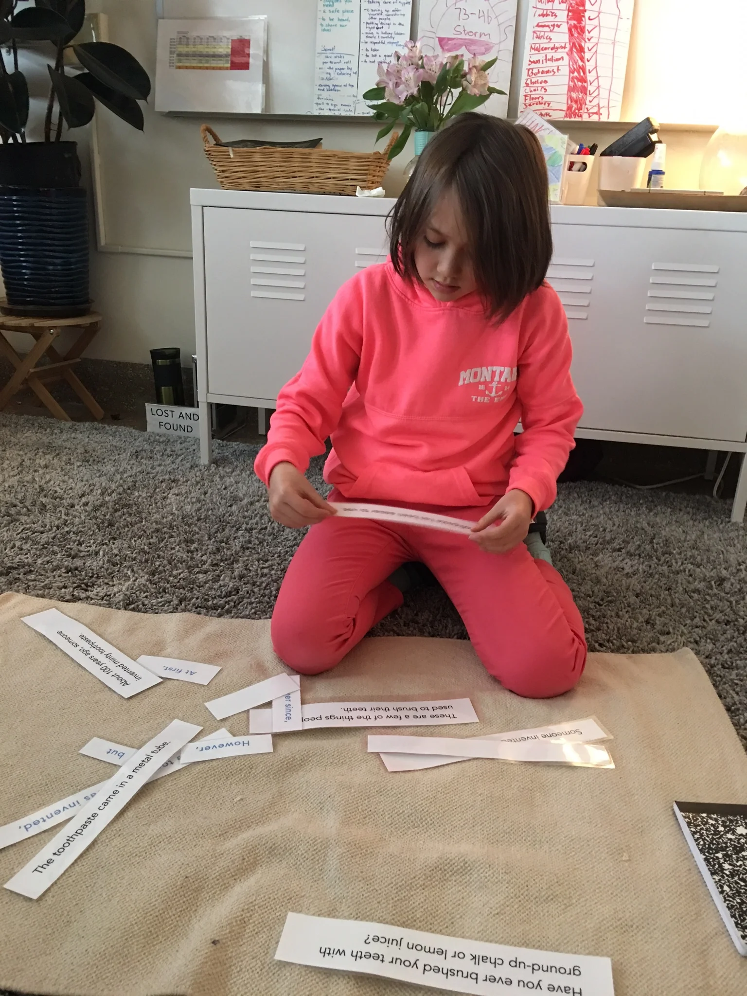 Perseus Room friend completing a sort utilizing transition words from Writer's Workshop 