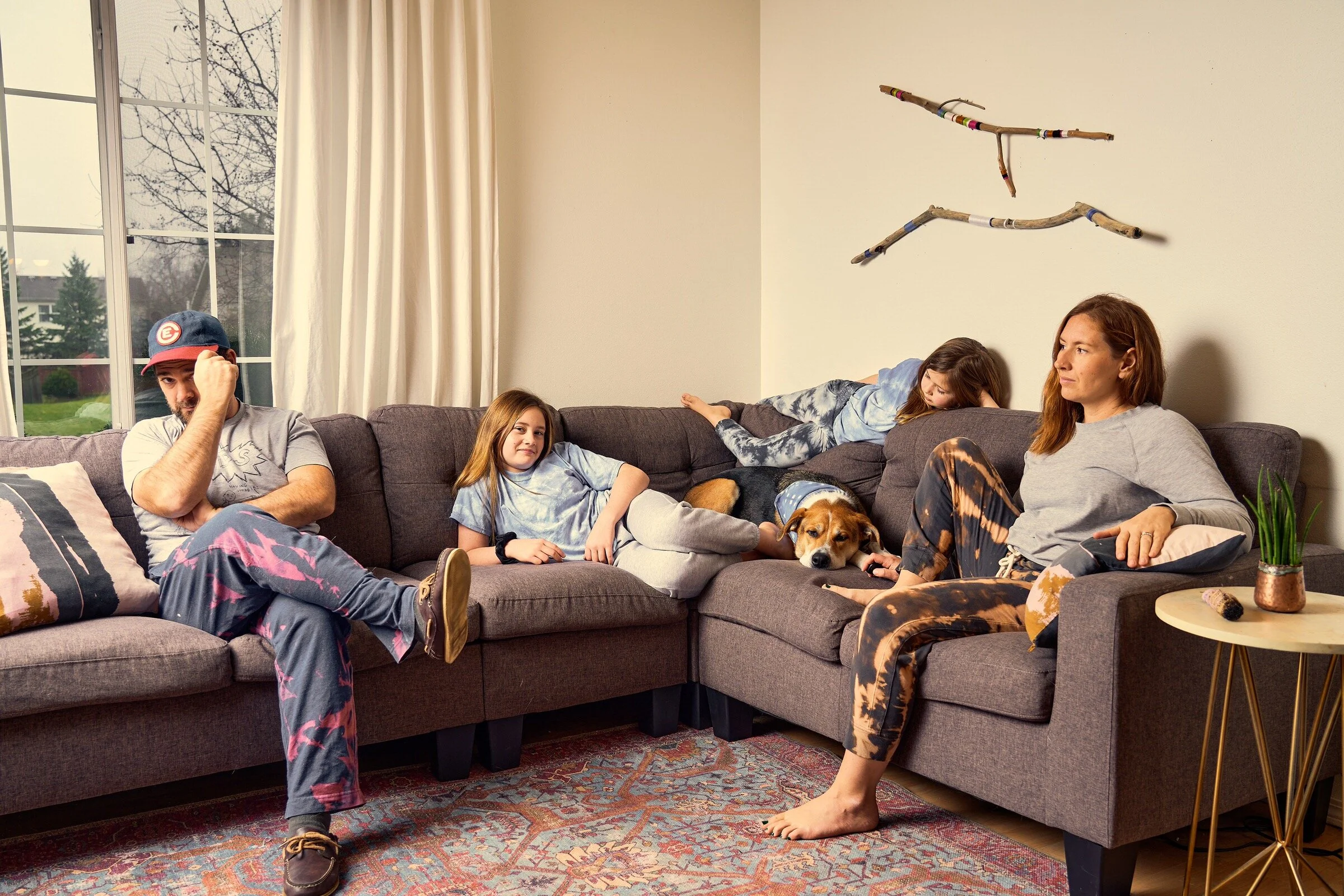 2020 Christmas Card, quarantined. From left to right; Tim, Anja, Sturgill the dog, Louise, and Lisa.
