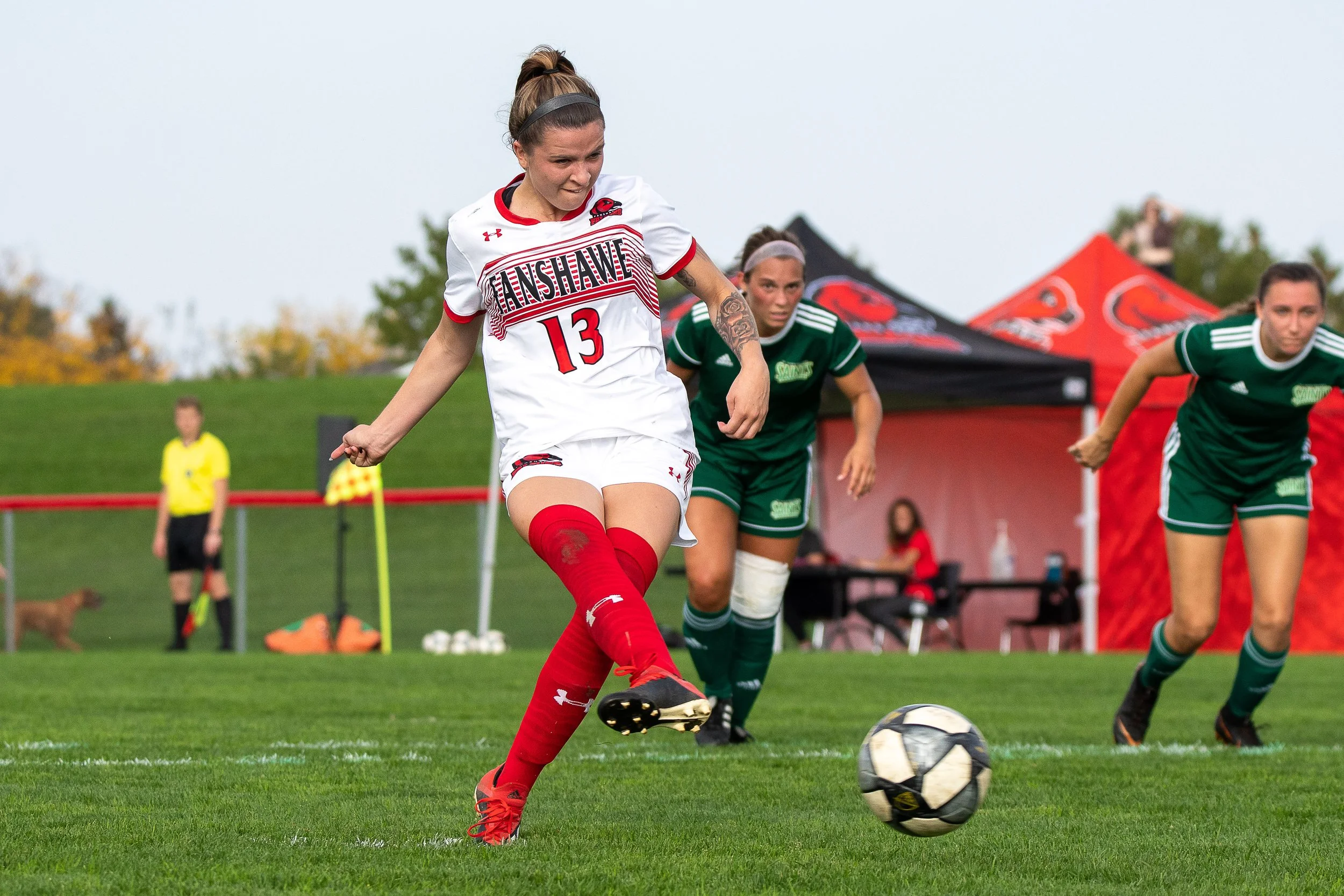   Kayla McQueen, now with Electric City FC, scored the game-winning goal for the Fanshawe Falcons last fall in the OCAA championship. (Photo: Matt Hiscox Photography).  