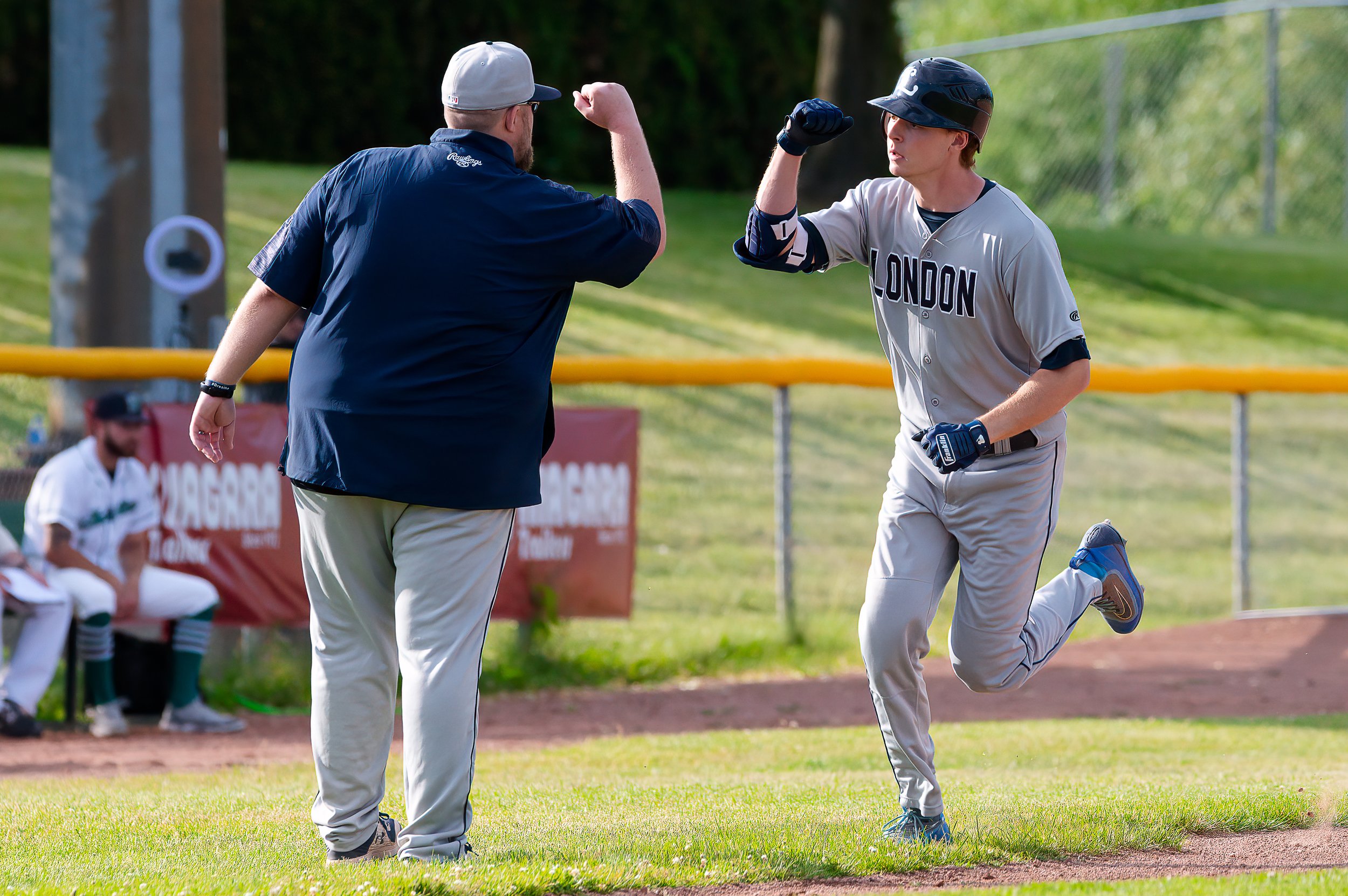   Taylor Wright celebrates one of his three home runs last weekend. The first-year Major, who hails from Vancouver, BC, has his batting average up to .368. (Photo: Matt Hiscox Photography).  