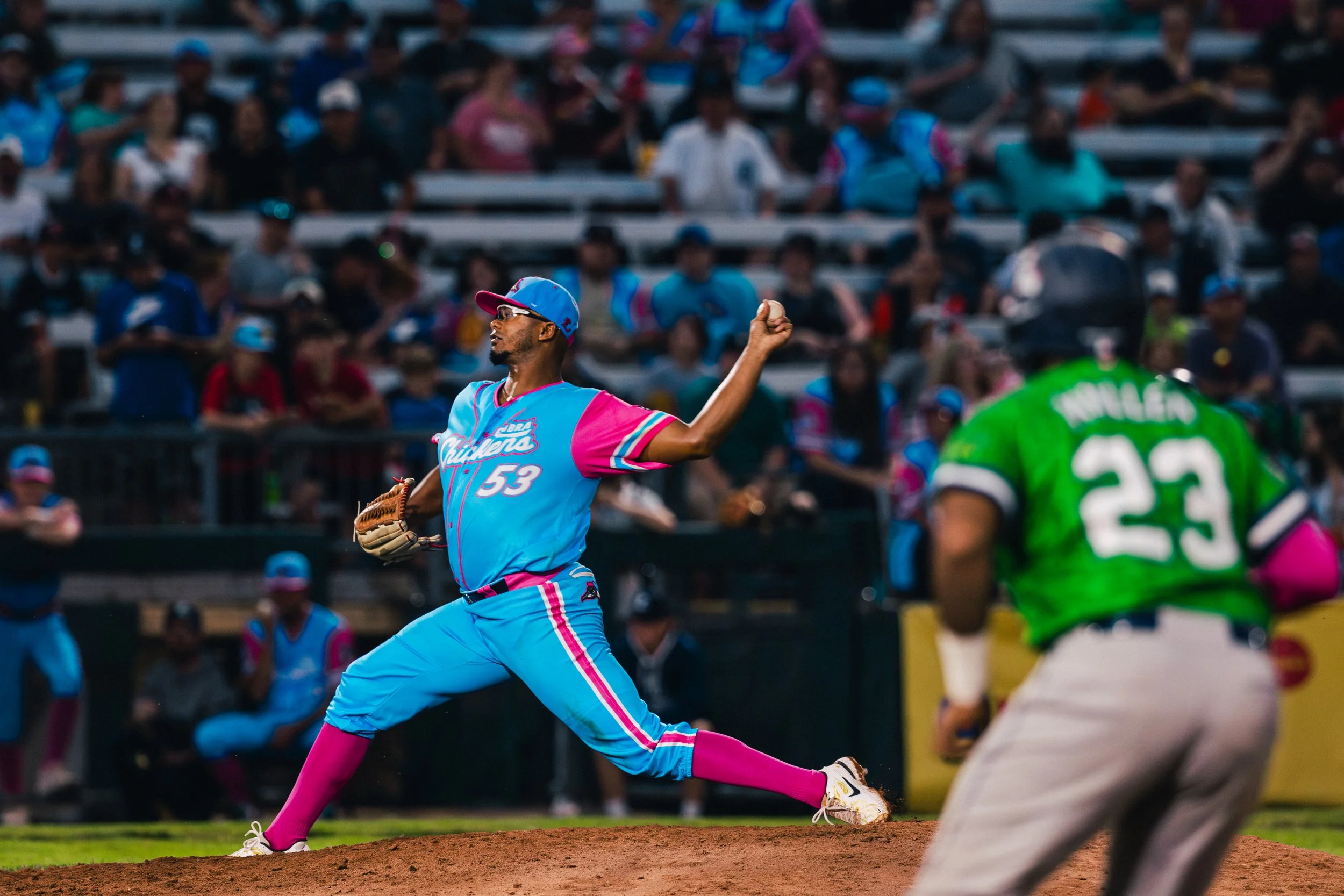   Victor Payano pitches against the Welland Jackfish last Friday (June 20, 2025) at Labatt Park. (Photo: Isaiah Bergsma).  