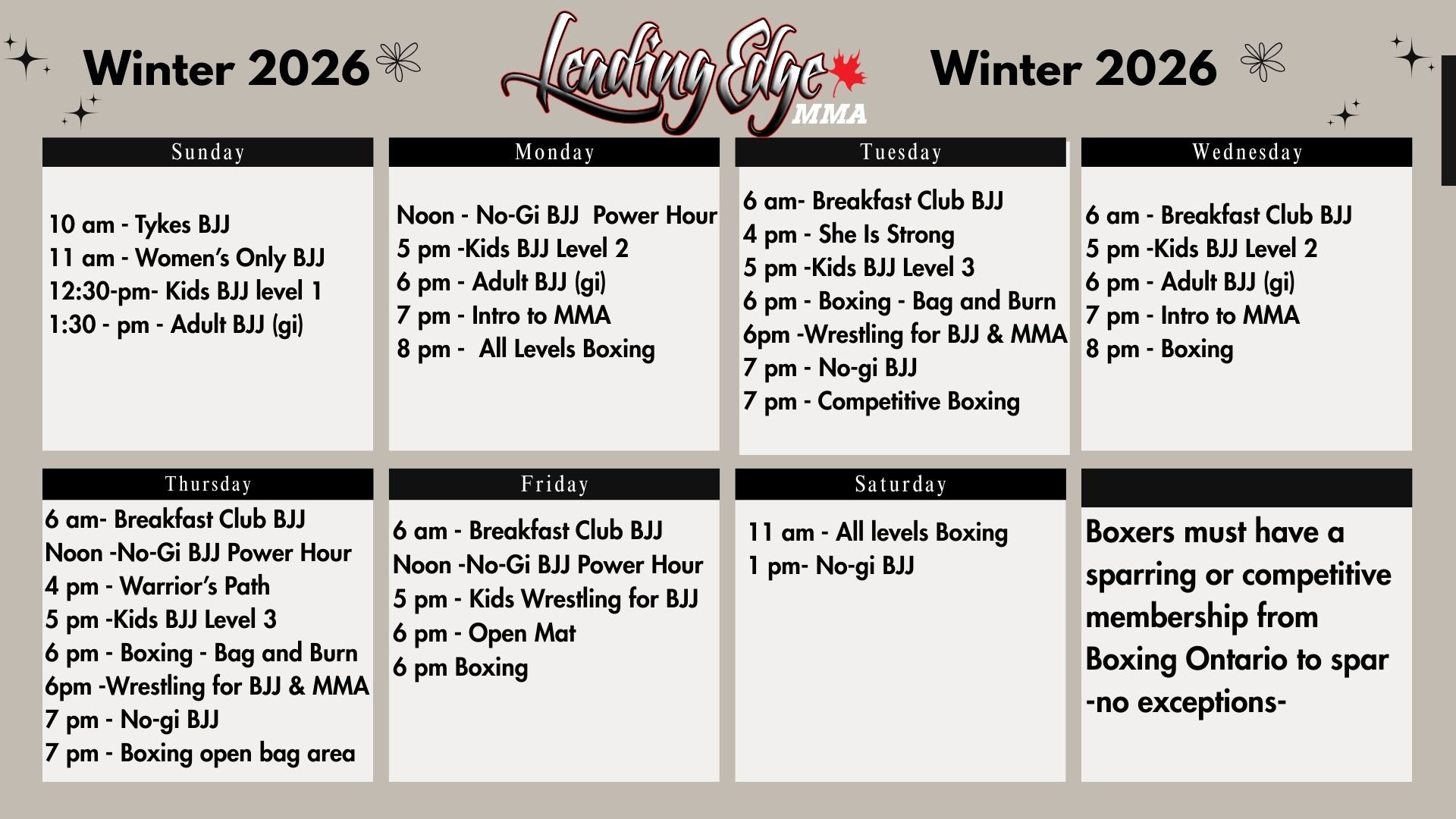 Schedule for Leading Edge MMA Winter 2026, featuring training classes and activities from Sunday to Saturday, including BJJ, Boxing, MMA, and wrestling sessions, with specific times and levels.