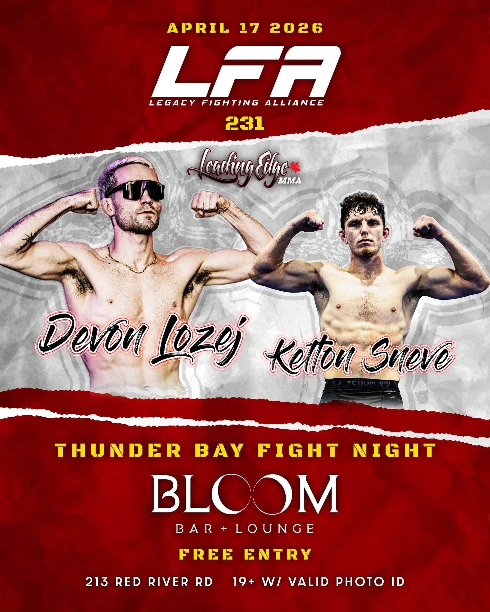 Event poster for a fight night on April 17, 2026, featuring fighters Devon Lozej and Kelton Snev, at Bloom Bar + Lounge in Thunder Bay, with free entry and 19+ age restriction.