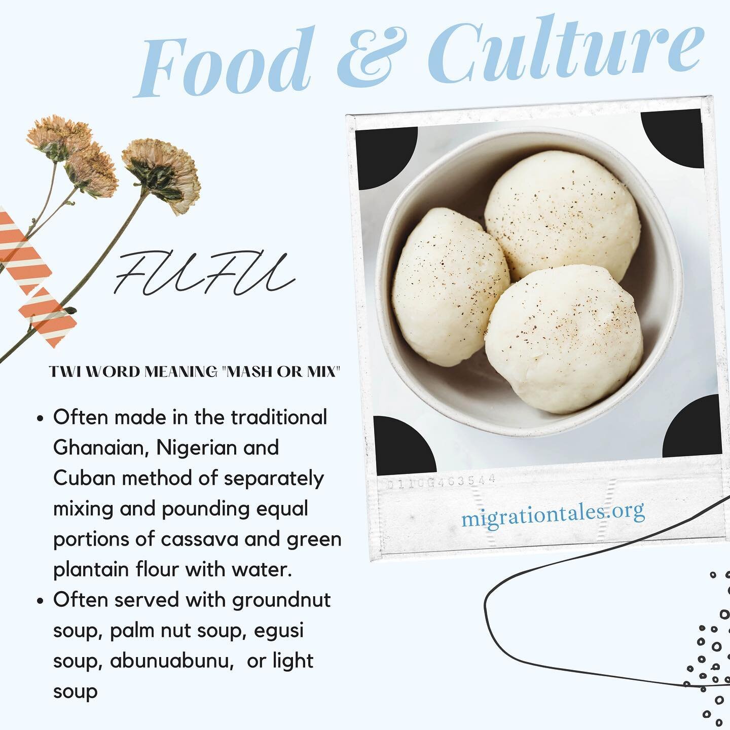 ✨Food Friday week3! We will be featuring food from all over the world to raise cultural awareness! 

This week we are introducing two dishes from Africa: Fufu &amp; Egusi Soup.

💙Fufu, also spelled&nbsp;foofoo, a popular dish in western and central 