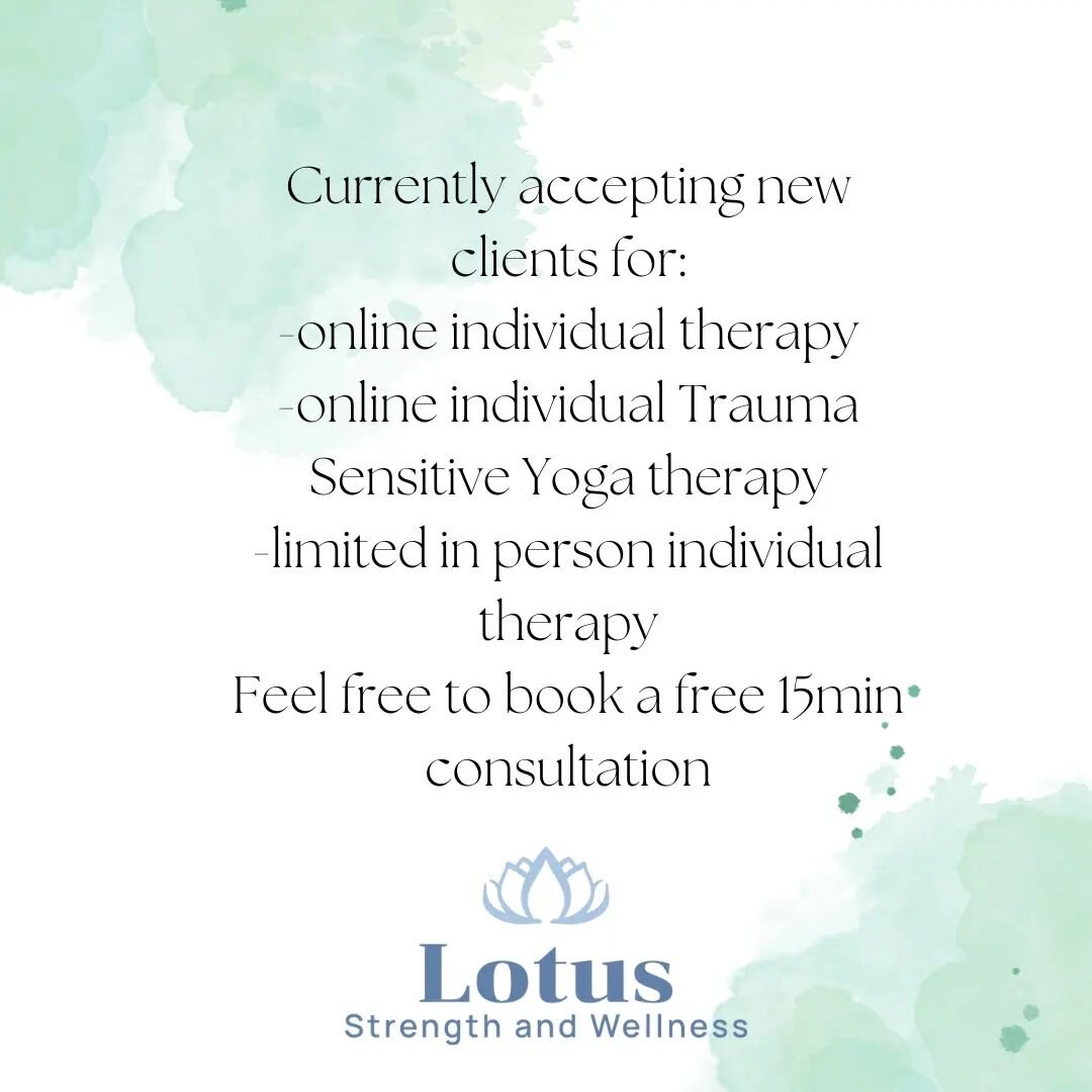 Currently accepting new clients for online individual therapy and/or Trauma Sensitive Yoga and a few limited in person individual therapy. 

Feel free to click the link in the bio for a free 15min consultation. 

#lotusstrengthwellness #Ontariotherap