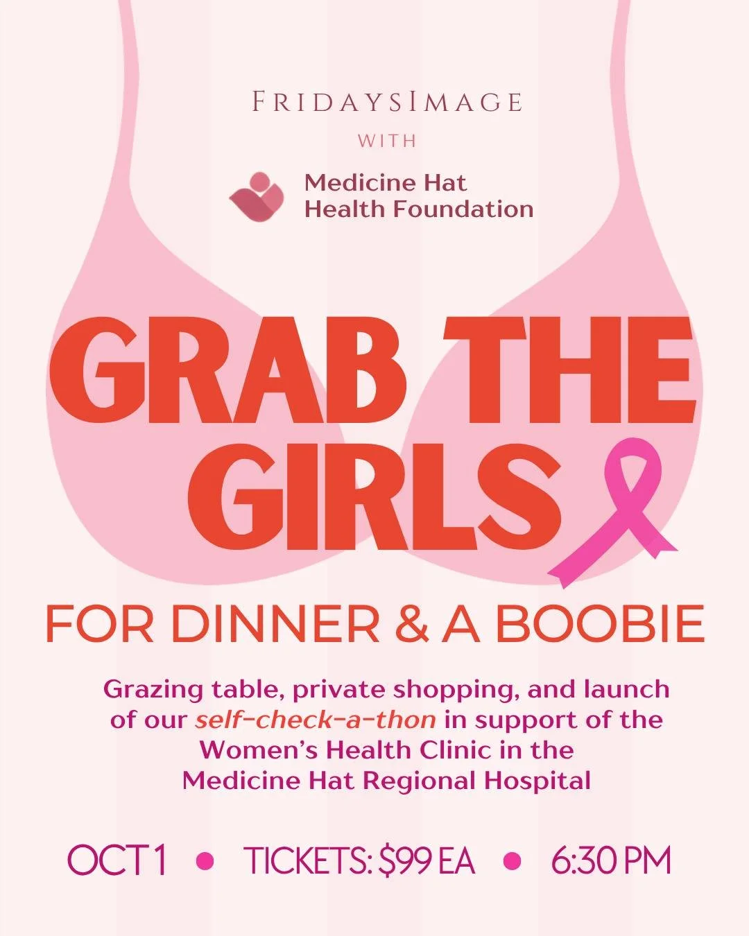 Grab The Girls - Dinner &amp; a Boobie 👙 
OCTOBER 1 - 6:30pm - at Note: Comfort Food &amp; Drink 

Link in bio for tickets!!!- last day to purchase is September 29th!!!!! Tickets are selling fast! 

In partnership with the @medicineHatHealthFoundati
