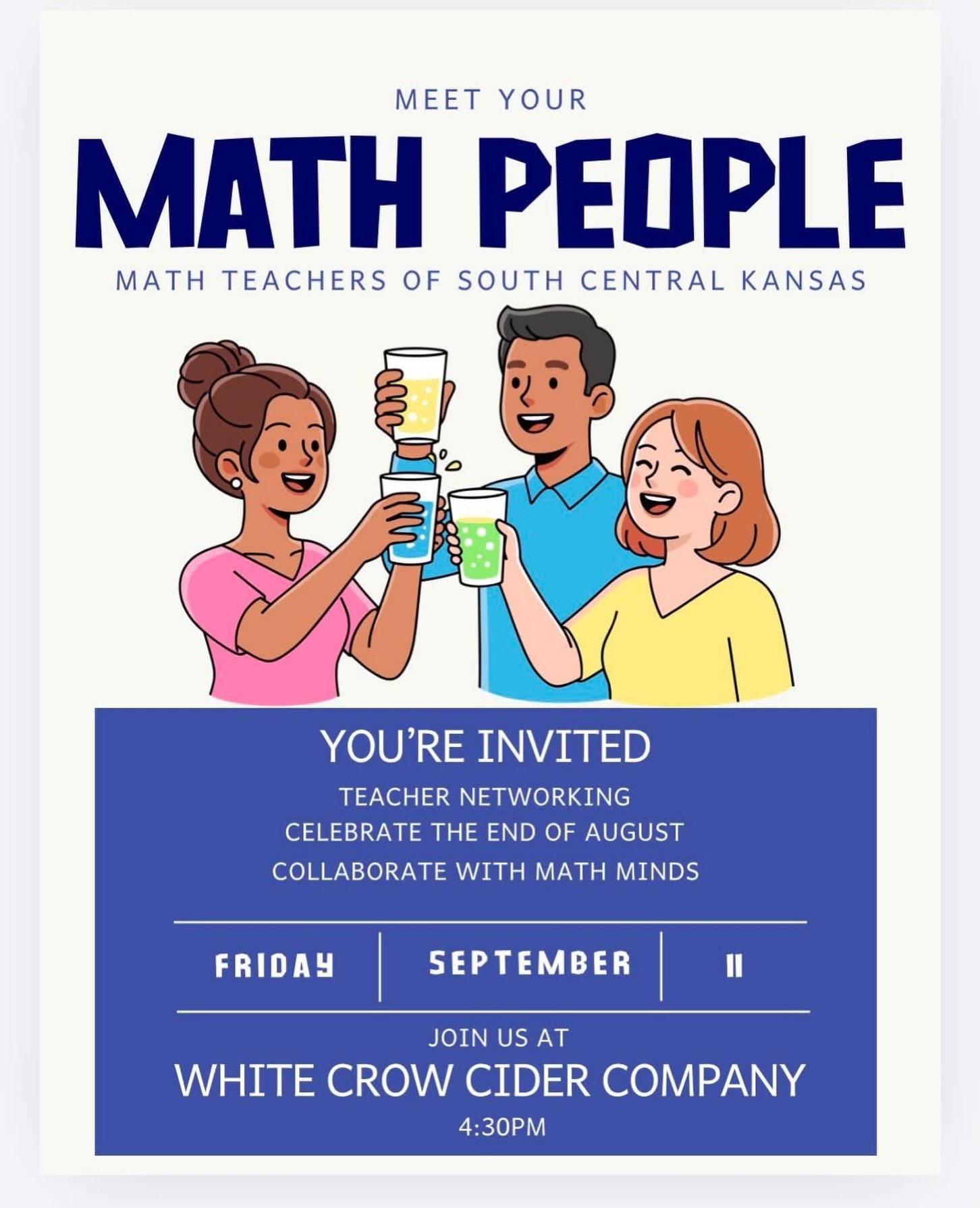 South Central Area Math Teachers! Check out this networking event at White Crow Cider Company. A great way to unwind from the August hustle and bustle and talk shop with others!