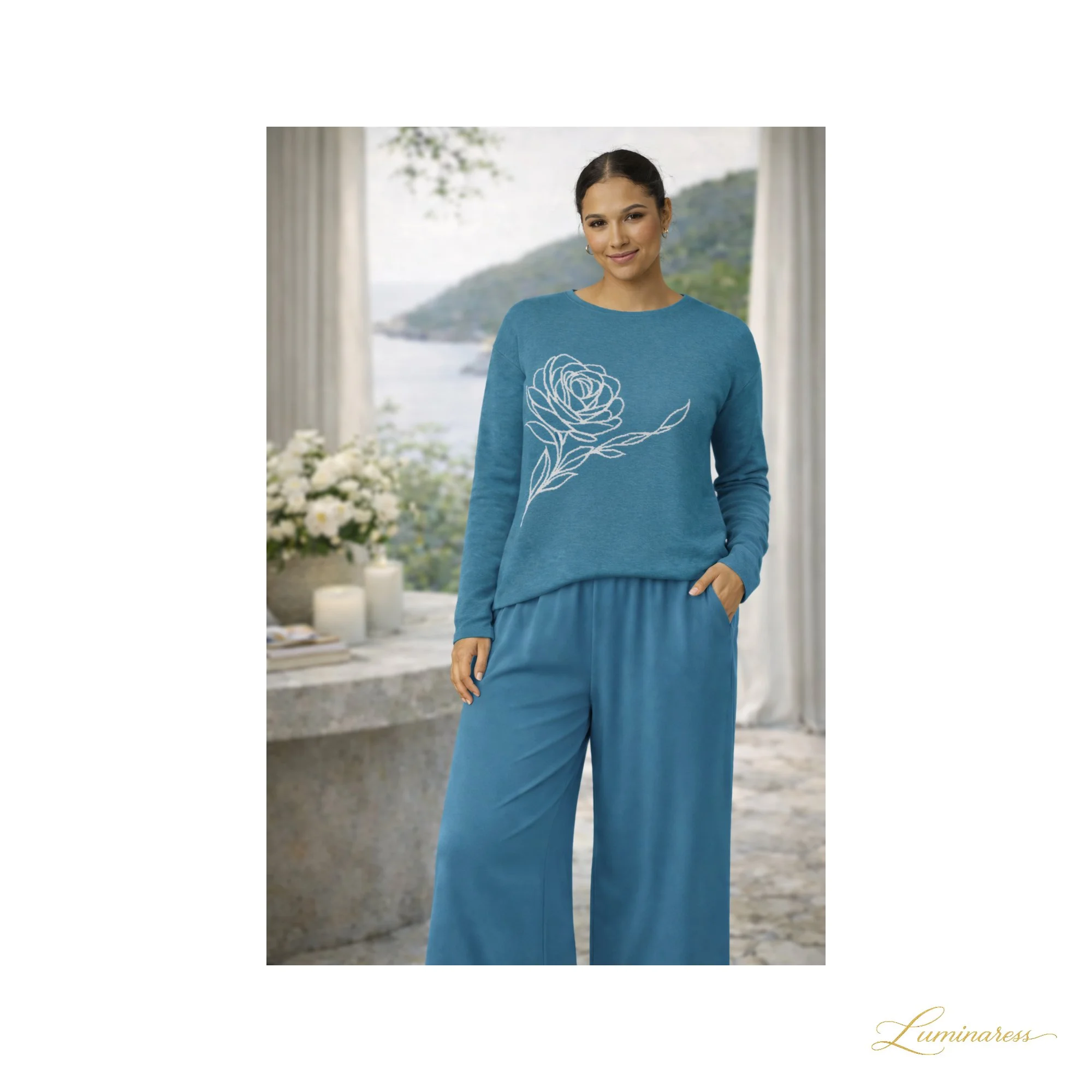 Winter Rose In Blue All-over print unisex wide-leg pants