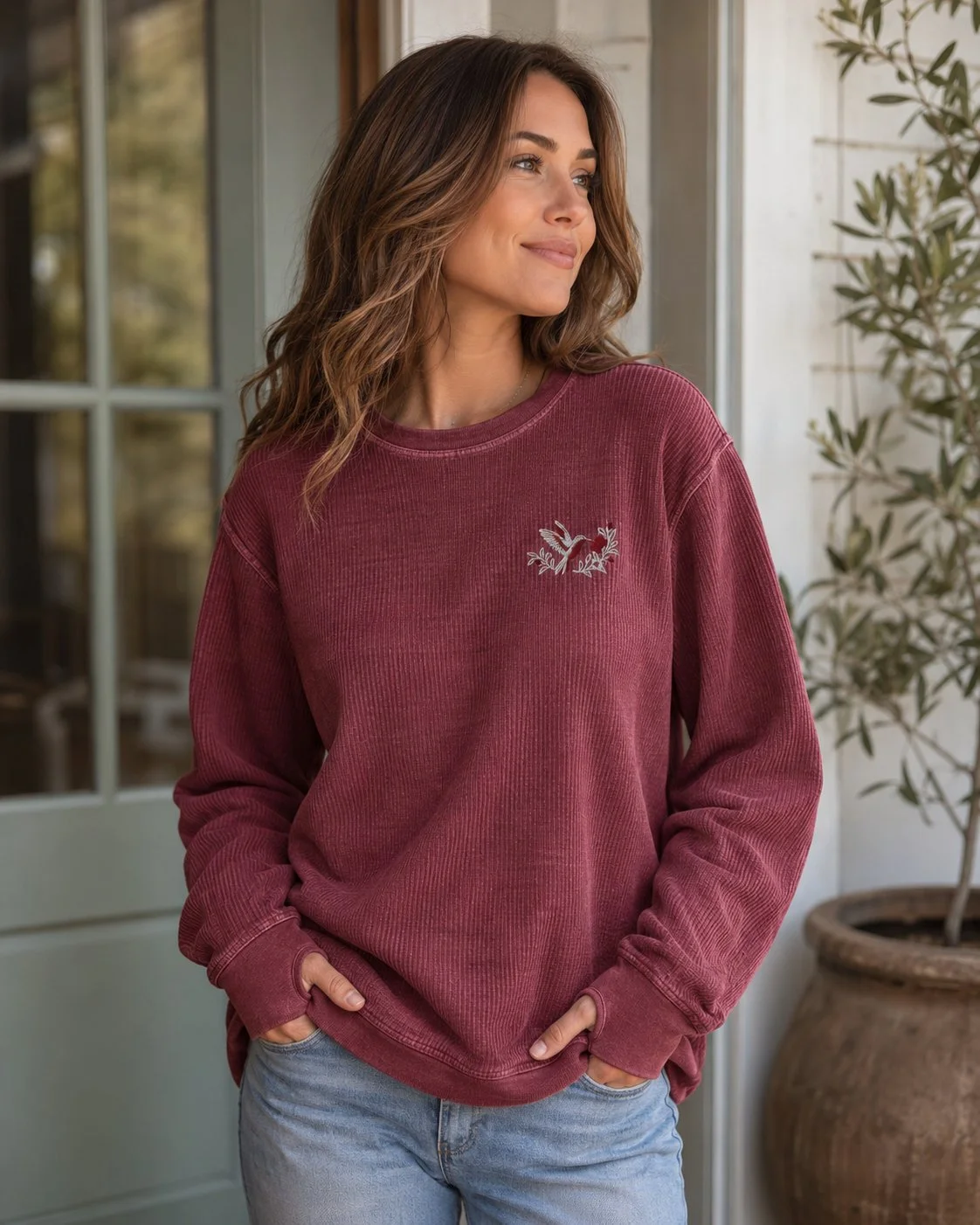 Hummingbird Embroidered Comfy Cord Sweatshirt
