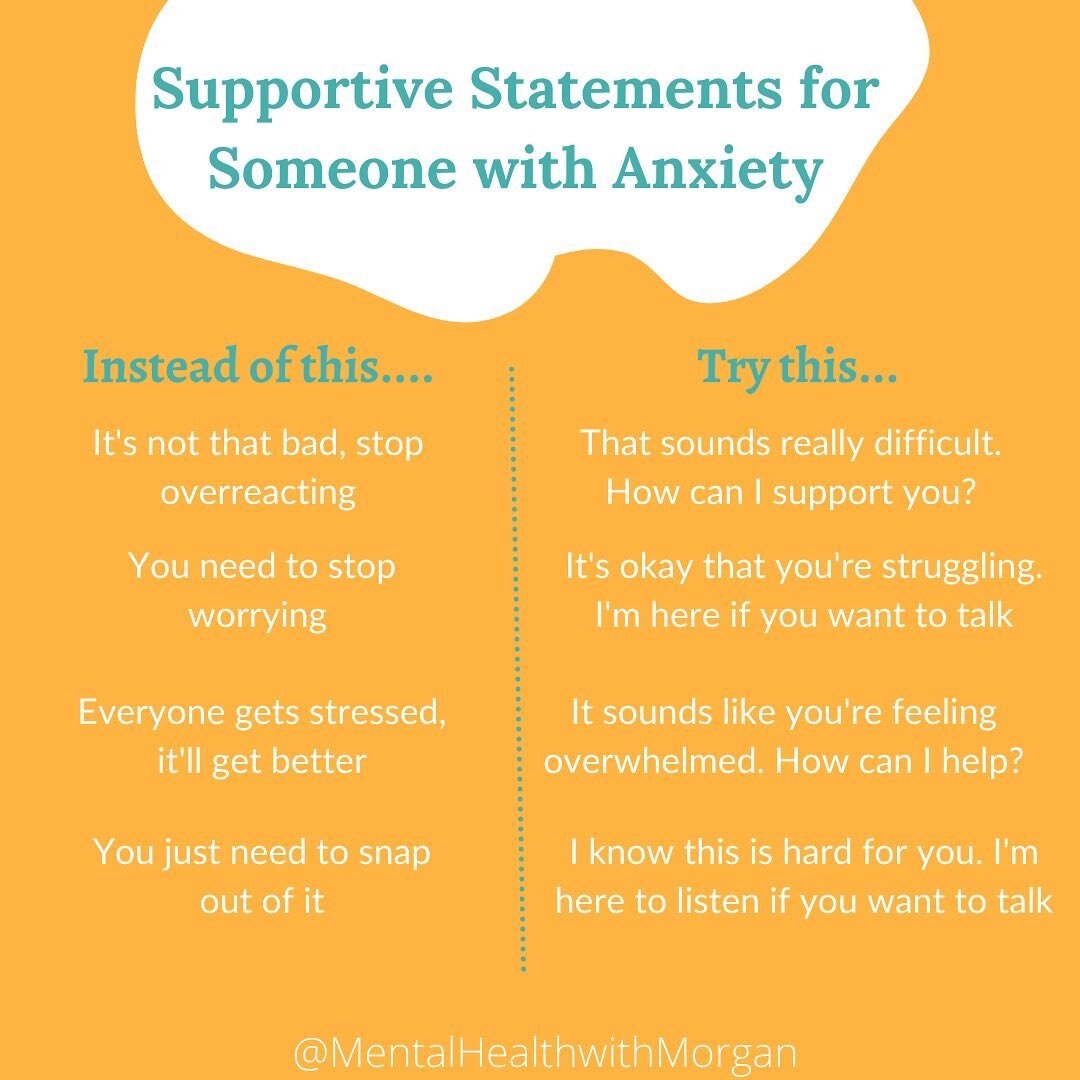 It's Mental Health Awareness Month! 
.
An estimated 1 in 5 people struggle with anxiety, so chances are that you know someone who does. It can be difficult to know what to say when someone is experiencing anxiety. Their thoughts may seem irrational a