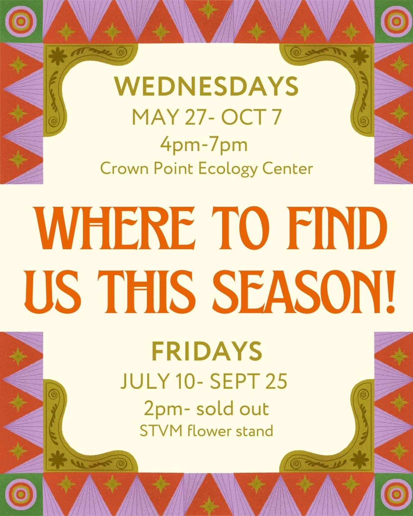 We are so excited to release this schedule! 🙌🏼🤩💕🌸

Find us Wednesdays at @crownpointecology during their CSA pick-up (open to all!) and Fridays at our home base- the flower stand at St Vincent-St Mary High school! 

Wednesdays are cash and Venmo