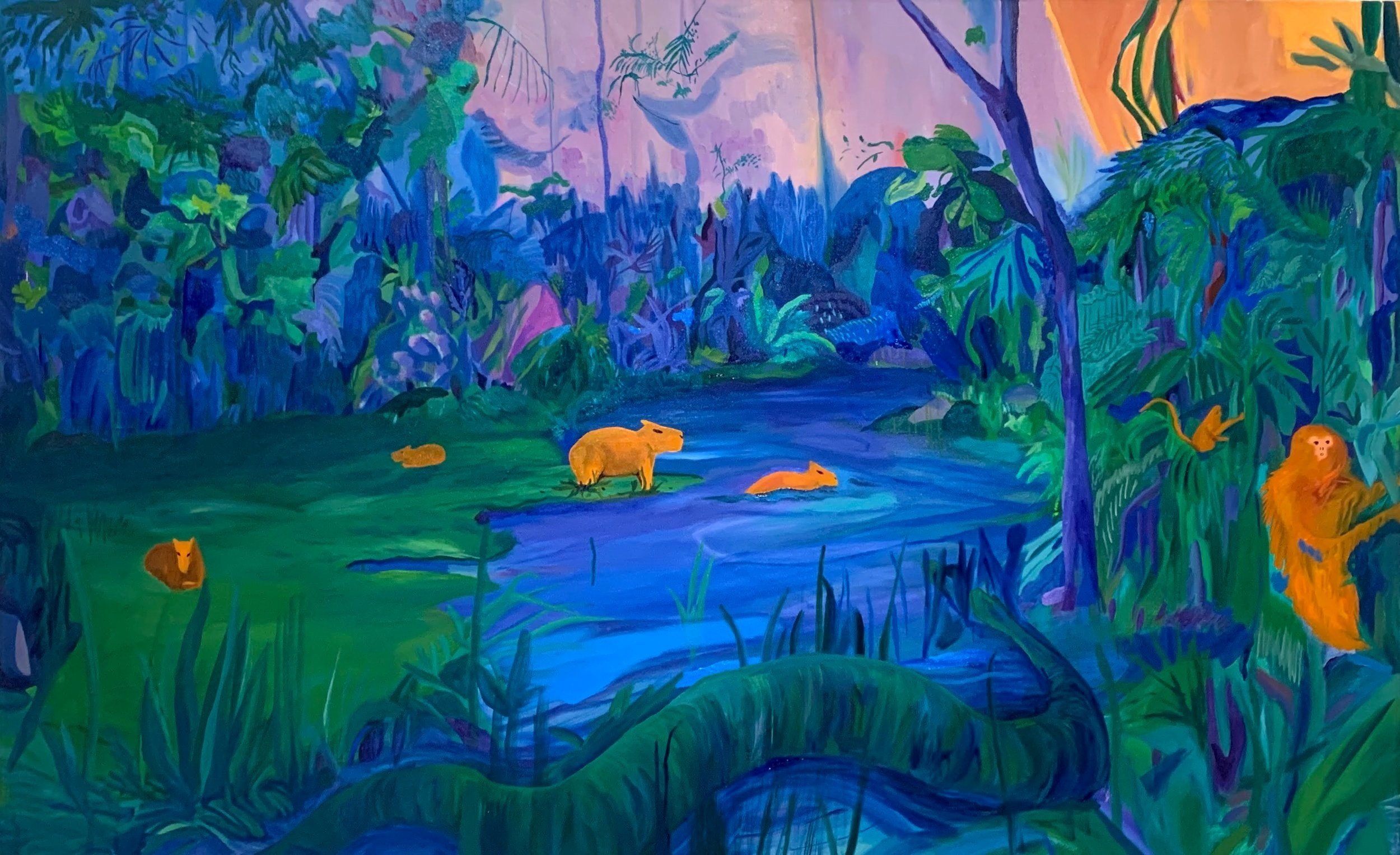 Capybaras at the Waterhole, 2021, Oil on canvas, 36 x 48 inches