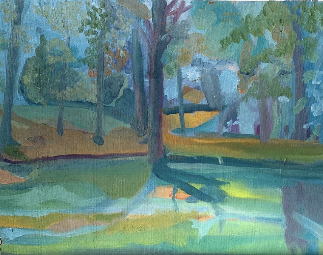 A Landscape at Dunn Meadows, Indiana University, 2019, Oil on canvas board, 11 x 14 inches