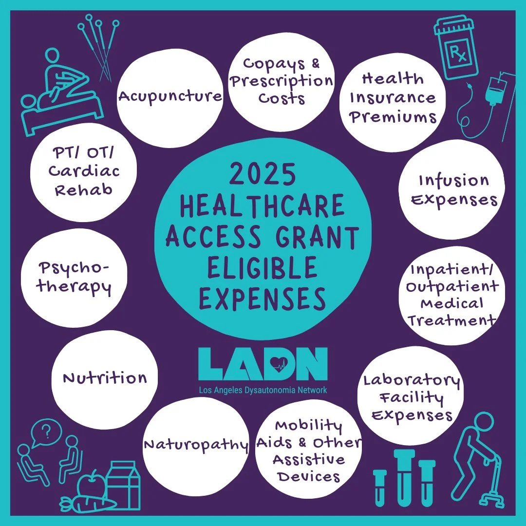 Our Healthcare Access Grants cover a wide range of dysutonomia-related medical expenses, including (but not limited to):⁠
⁠
💜acupuncture⁠
🩵copays⁠
💜health insurance premiums⁠
🩵infusion expenses⁠
💜inpatient/outpatient medical treatment⁠
🩵laborat