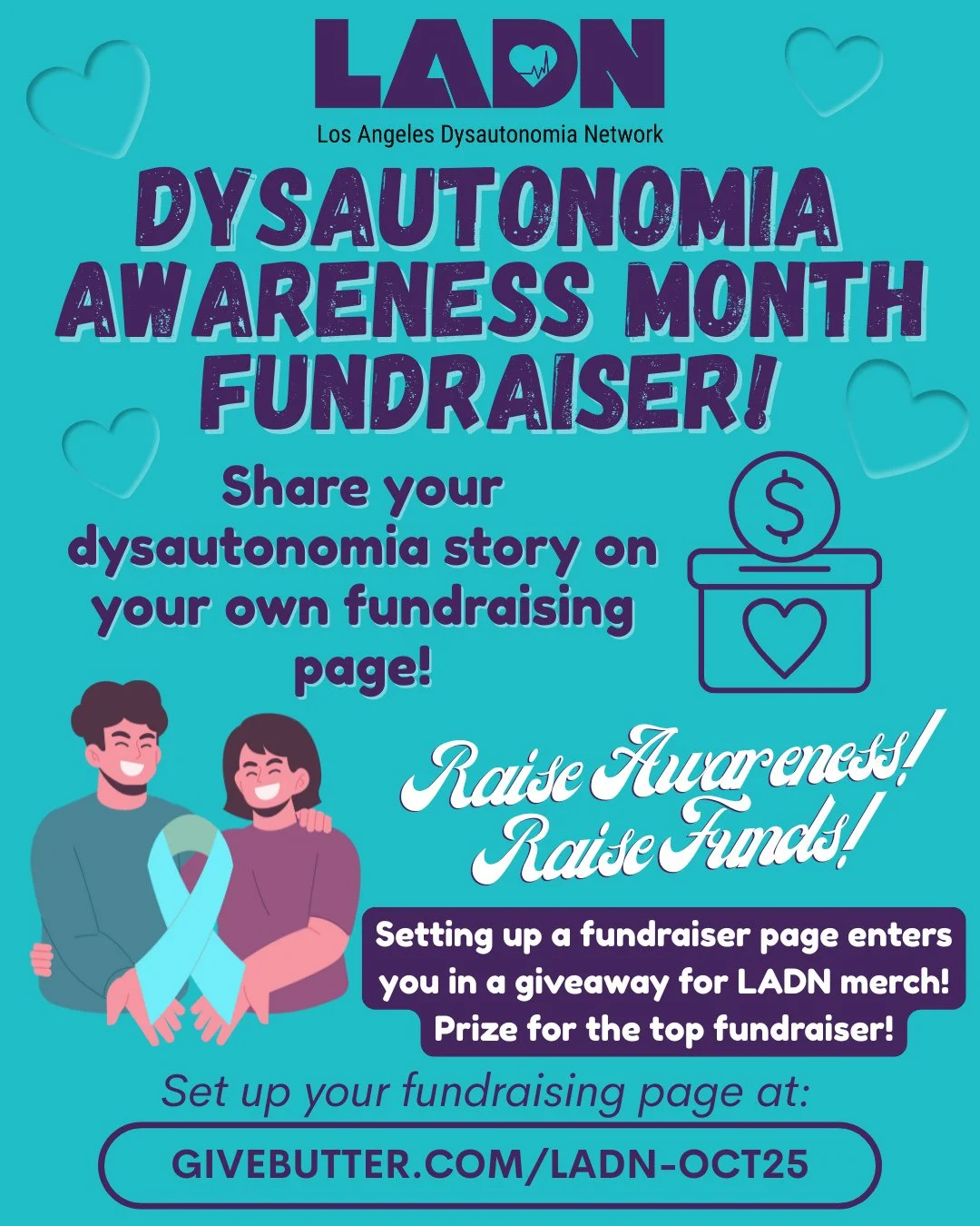 🩵Let's raise awareness and raise funds!🩵⁠
In honor of October's Dysautonomia Awareness Month, we have a goal of raising $10,000 to support LADN's programs, including healthcare access grants, support groups, wellness workshops, community-building e