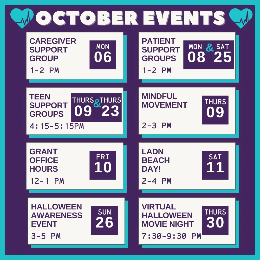 We invite you to join us throughout the month of October for our many programs! You can find more information and sign up links on our website at: LA-DN.org/events ⁠
⁠
🩵Monday, October 6th, 1-2pm: Caregiver Support Group⁠
⁠
💜Wednesday, October 8th,
