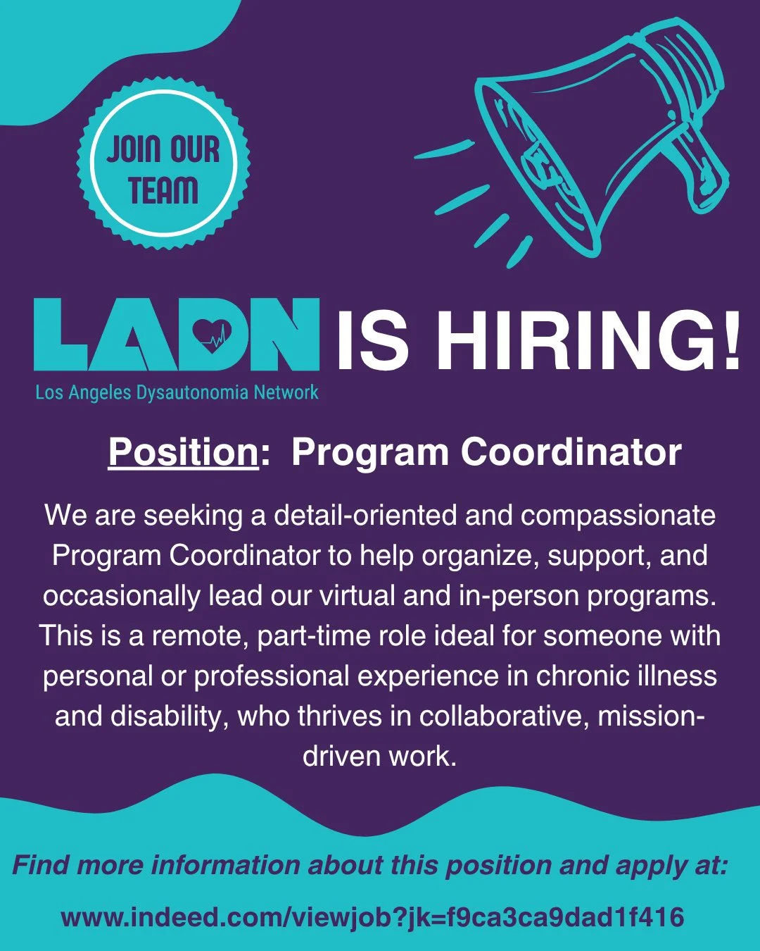 📣LADN is hiring!!⁠
⁠
We are excited to announce that the LADN is now accepting applications for a Part-Time Program Coordinator position. As our organization continues to grow and expand our offerings&mdash;including patient, teen &amp; caregiver su