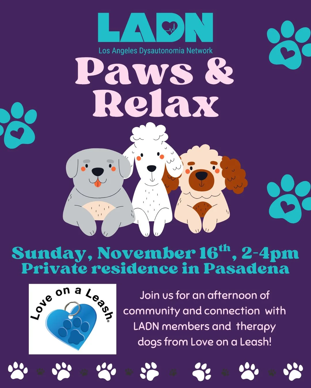 Join us this Sunday for &ldquo;Paws &amp; Relax&rdquo;, an afternoon of community and connection with LADN members and therapy dogs from the nonprofit Love on a Leash! 🐕️🦮🐕&zwj;🦺🐩⁠
⁠
Date: Sunday, November 16th⁠
⁠
Time: 2:00-4:00pm⁠
⁠
Location: 
