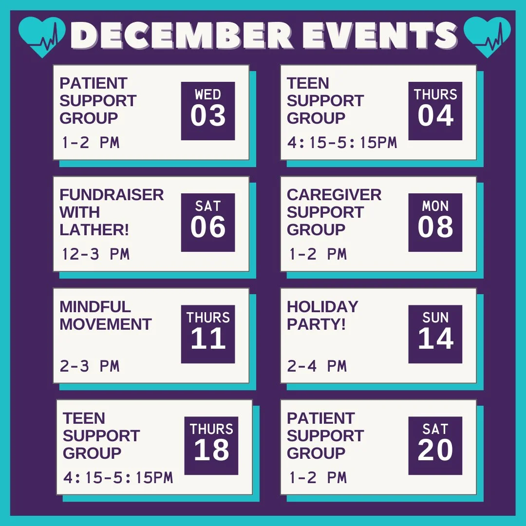 ❄️It's hard to believe December is already here! ❄️Check out our December calendar of events below. Visit our website (LA-DN.org) for more information and to sign up! ⁠
⁠
⛄️Wednesday, December 3rd, 1-2pm: Patient Support Group⁠
⁠
🩵Thursday, December