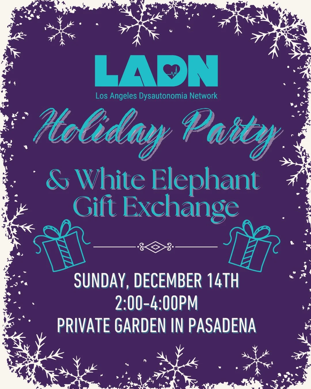 Join us for some wintery holiday fun a week from today on Sunday, December 14th, 2-4pm for LADN's annual holiday party &amp; white elephant gift exchange! ❄️☃️🎁 Holiday-themed attire encouraged!⁠
⁠
Where: A private garden in Pasadena. RSVP here to r
