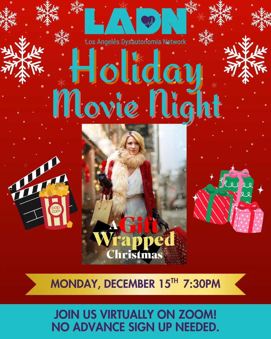⛄️🎁🎬️Join us on Monday, December 15th at 7:30pm for a virtual holiday movie night! We&rsquo;ll be streaming A Gift Wrapped Christmas over Zoom! Grab your salty popcorn &amp; electrolyte beverage, and tune in for a fun movie with the LADN community 